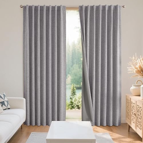 Joydeco Blackout Curtains for Bedroom - 84 Inch Long 100% Light Blocking 2 Panels Light Grey Drapes, Thermal Insulated Room Darkening Curtains, Linen Textured for Living Room, Rod Pocket & Back Tabs