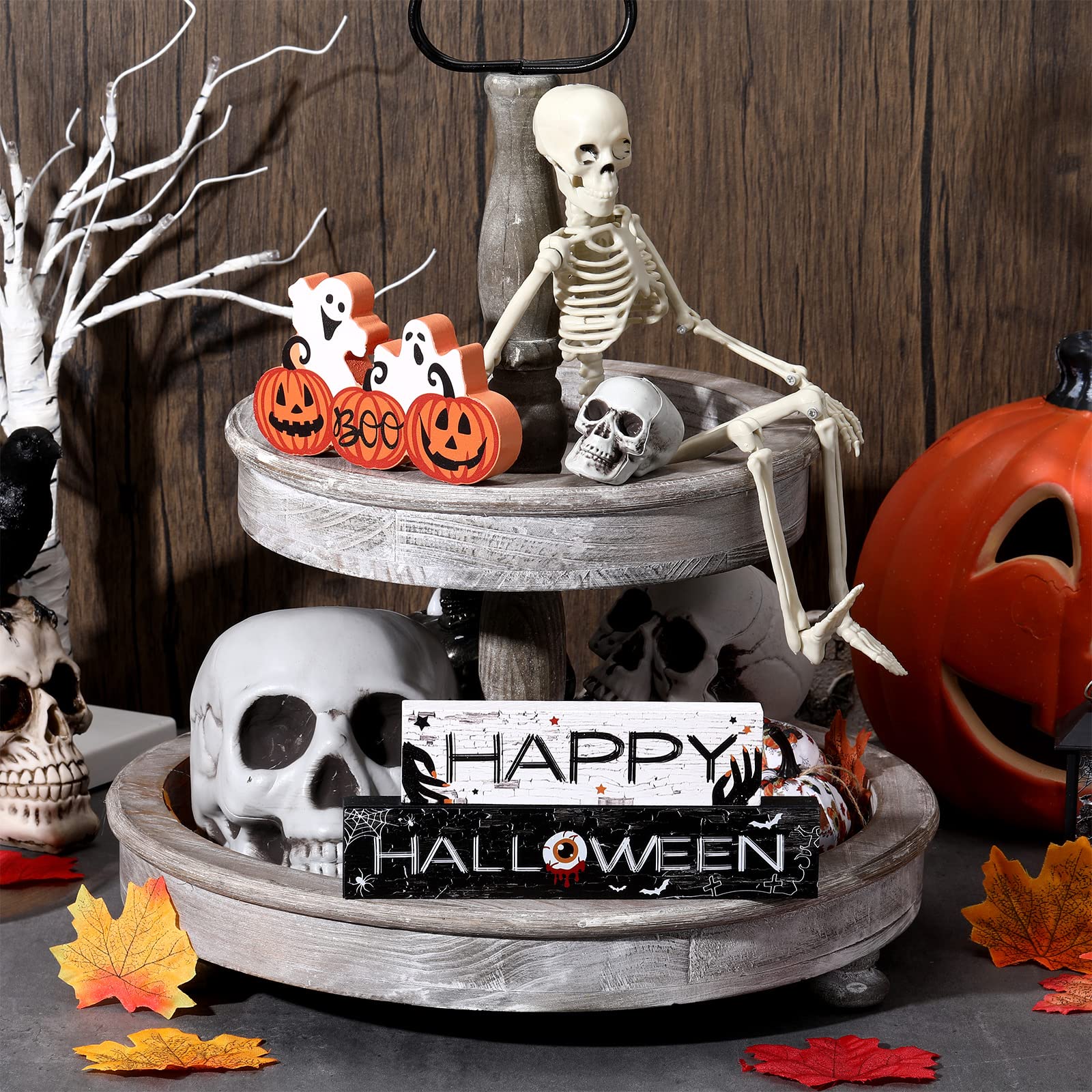 Halloween-Tischschilder Aus Holz – 3-teiliges Set Mit Geist, Kürbis & Schwarzer Katze. Rustikale Deko Für Tisch, Kaminsims Oder Regal.