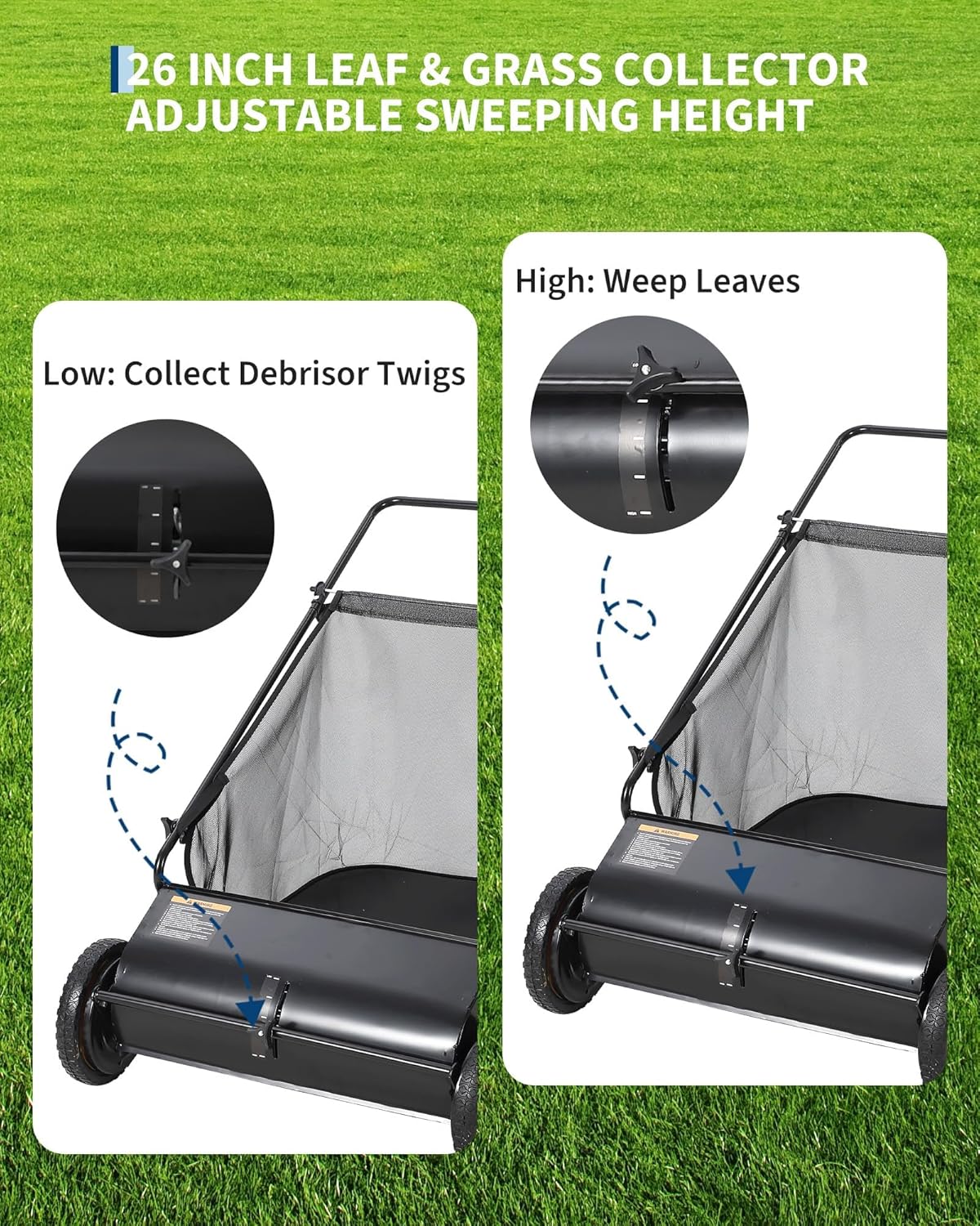 26-Inch Push Lawn Sweeper, 7 Cu. Ft. Hopper Leaf & Grass Collector, 4 Spinning Brushes, Adjustable Brush Height, Manual Yard Sweeper for Grass Clippings, Leaves & Light Debris, Black