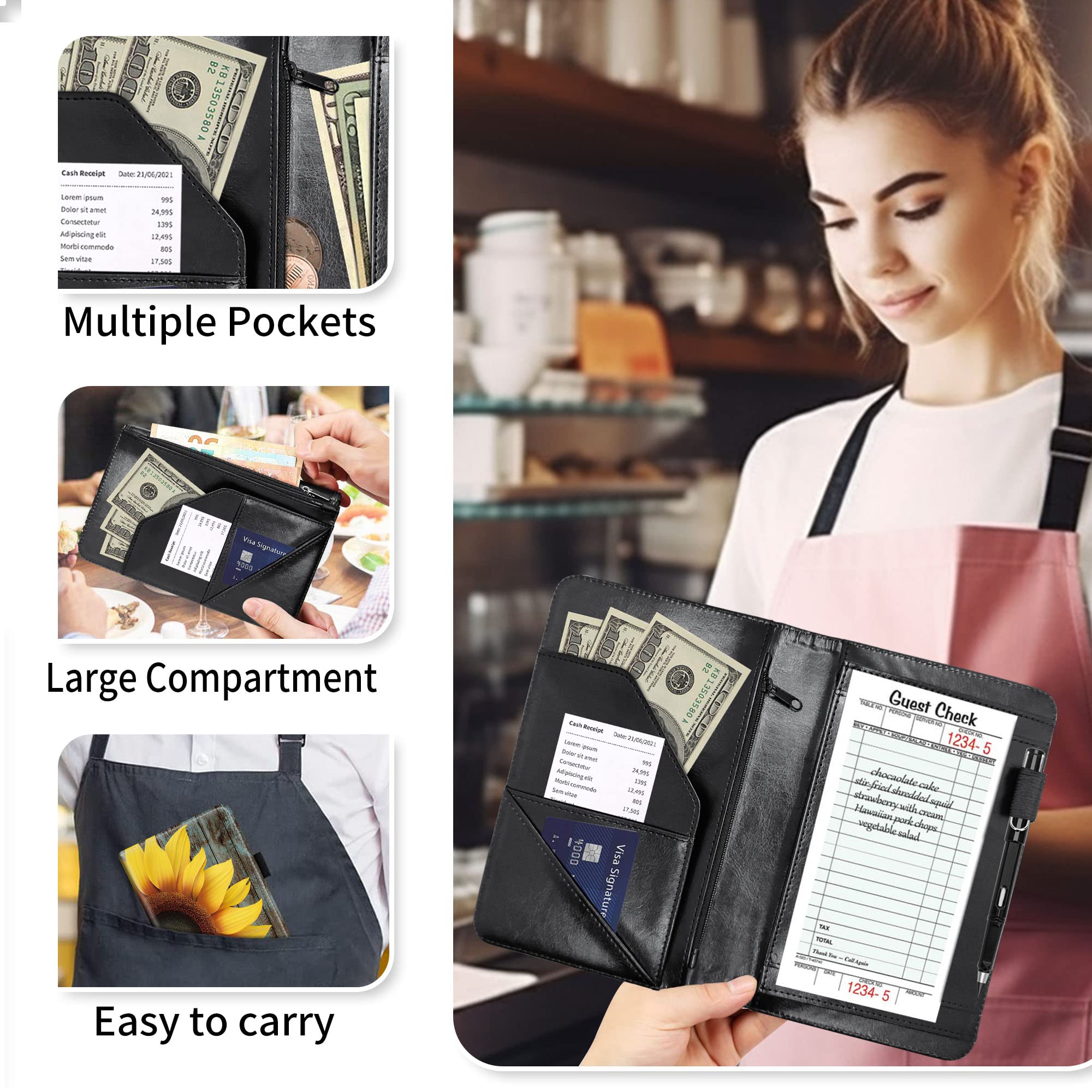 Server Books For Waitress, Server Book,Waiter Server Book With Zipper Pocket,Organizer Waitress Book For Guest Check Book Restaurant Fit Server Apron-Black Cat Under The Night Sky