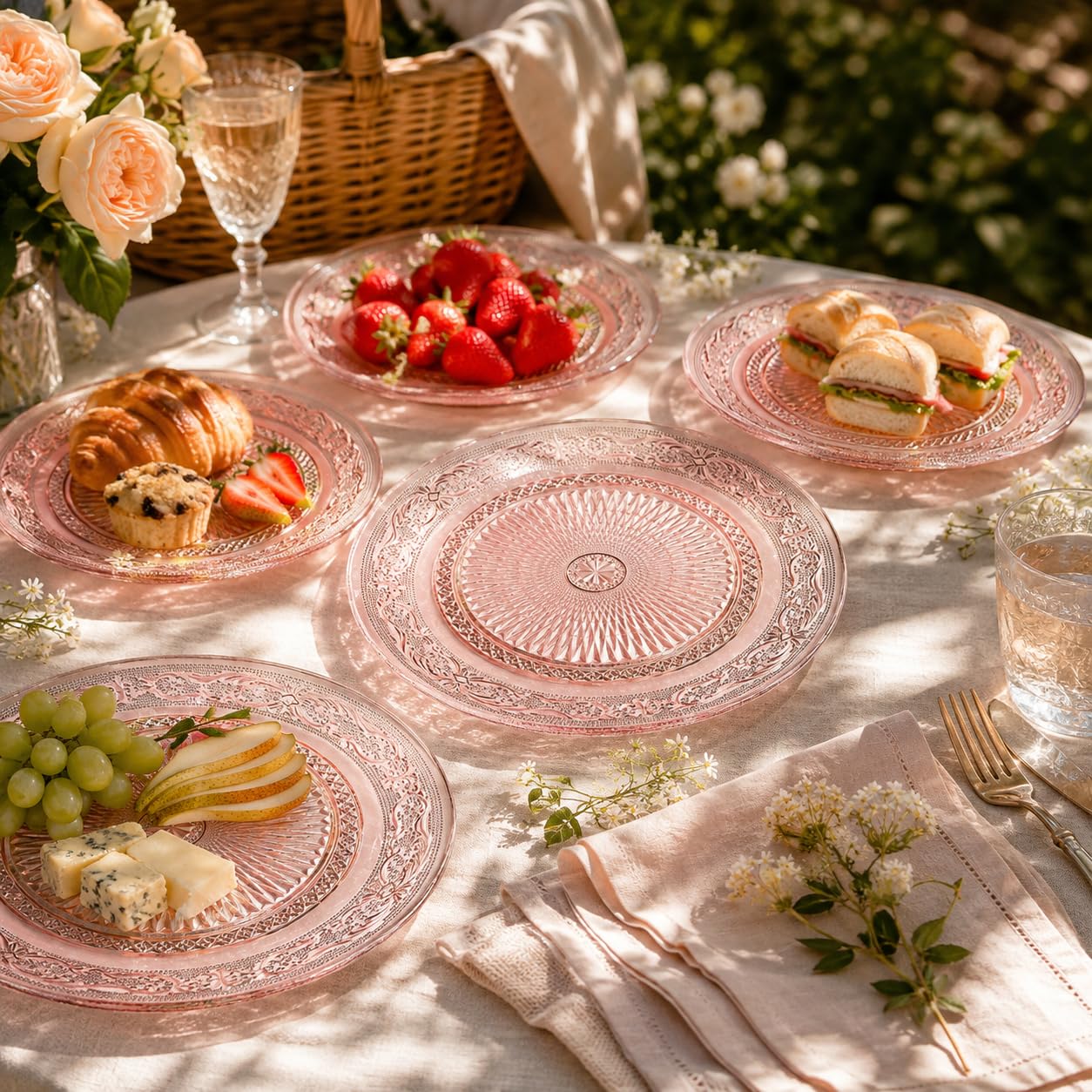 Art Deco Vintage Kristall rosa Teller | Set mit 6 Stück | Einzigartige 26,7 cm Speiseteller – Abendessen, Ladegerät, Dessert-Servierer, Vorspeisenteller, Snack, Obst, Handwäsche, Einweihungsgeschenk
