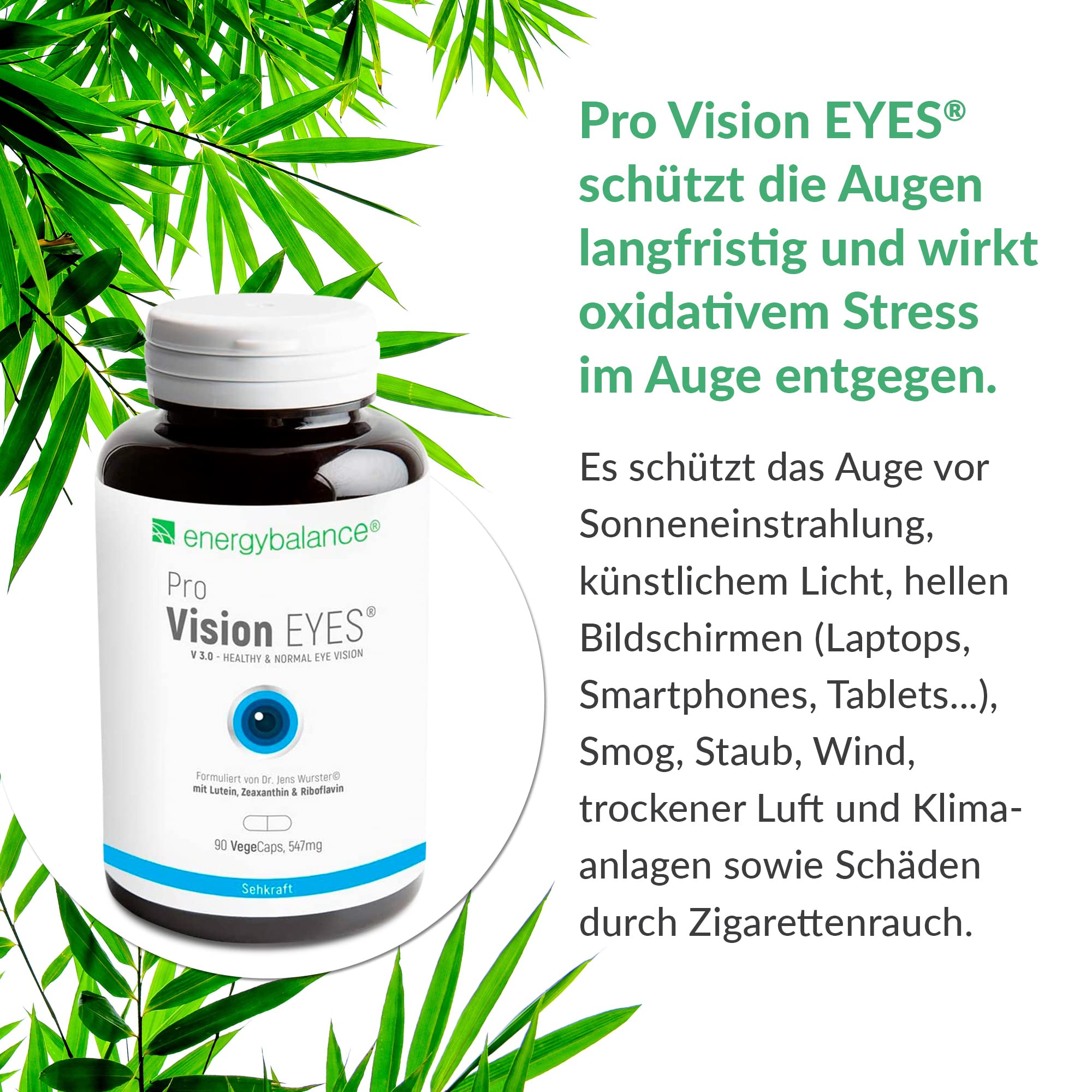 Pro Vision EYES - Augenvitamine Kapseln - Altersbedingte Makuladegeneration (AMD)- 90 VegeCaps à 547 mg mit Vitamin A, C, Zink, Riboflavin - von EnergyBalance - Qualität aus der Schweiz