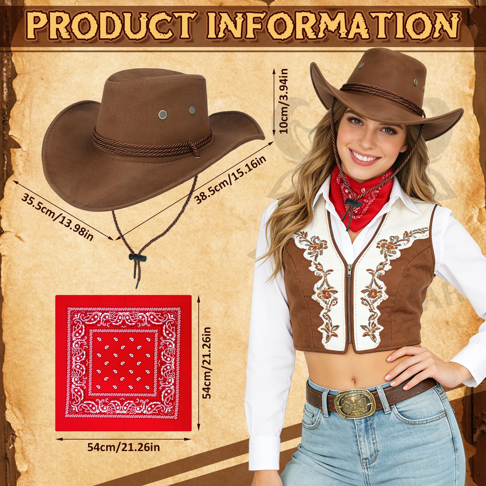 Zestaw 2 sztuk kapelusza kowbojskiego i bandany, western, kostium kowbojski, zestaw akcesoriów z kapeluszami kowbojskimi, bandana Paisley, dla mężczyzn i kobiet, na karnawał, Halloween