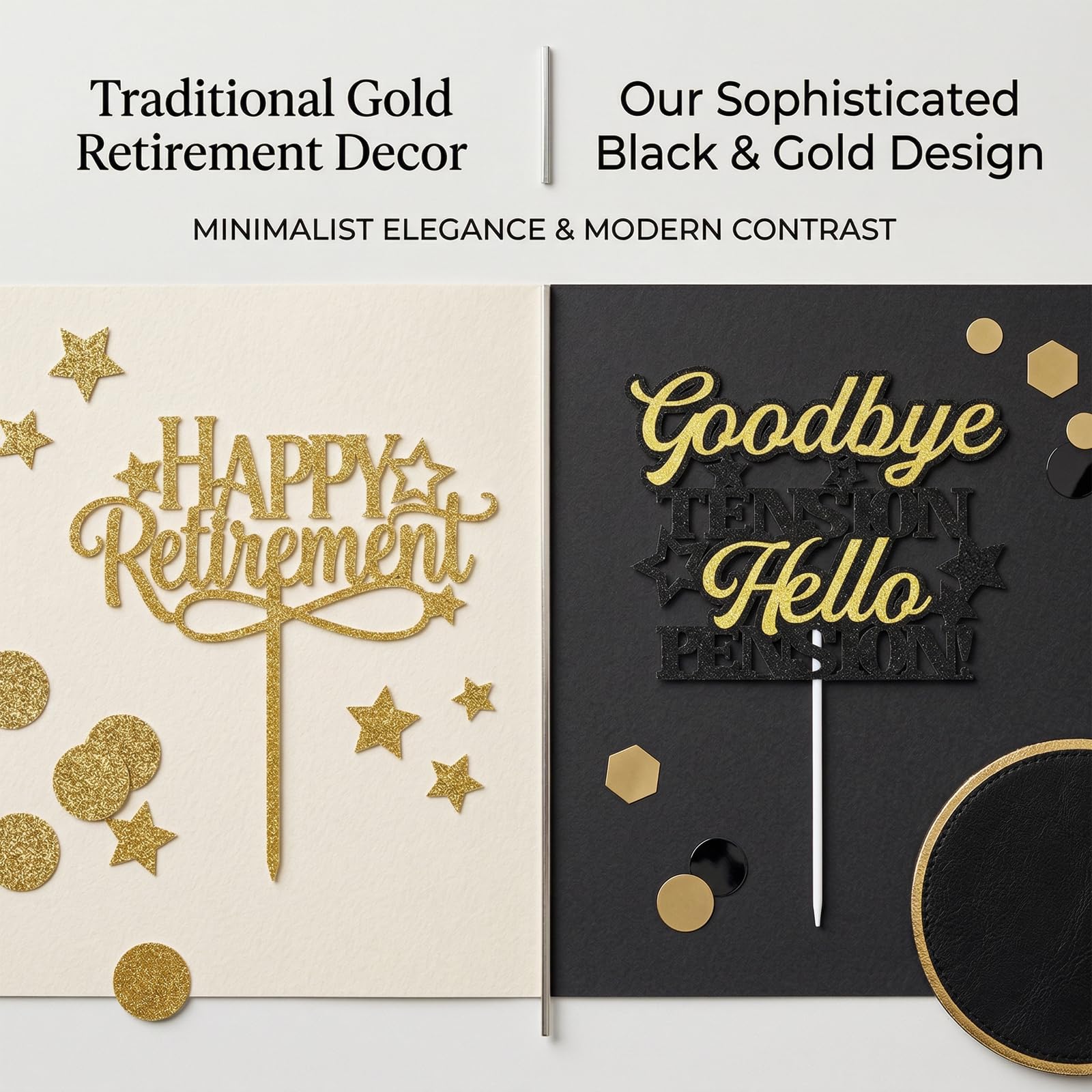Retirement Cake Topper - Happy Retirement Cake Decor with Funny Saying "Goodbye TENSION, Hello PENSION!" - Elegant Black Gold Party Decoration for Adult Celebration 2.2 五点描述 — view 4
