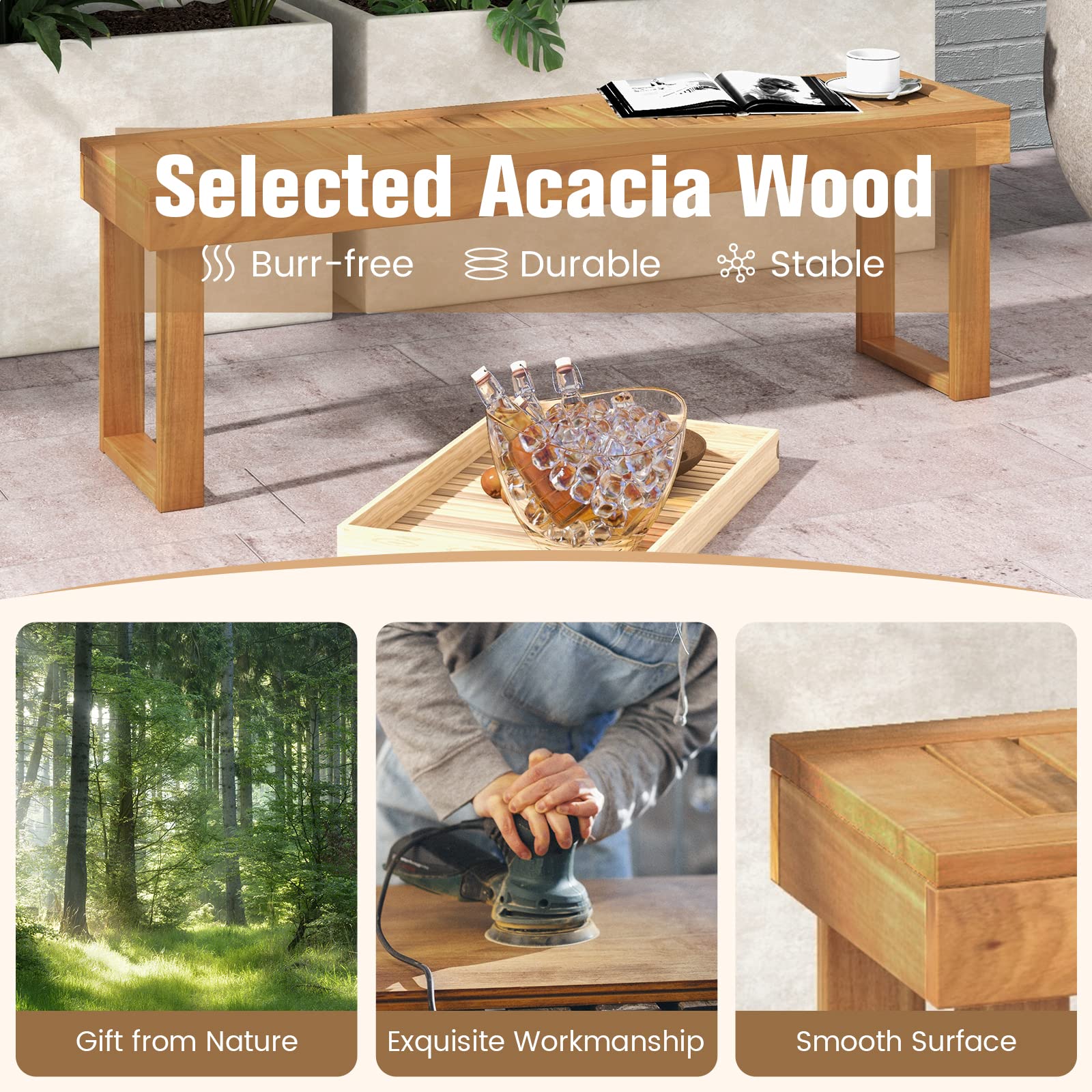Giantex Banco de Jardín de 3 Plazas, 132 x 34 x 43,5 cm, Banco de Madera Maciza, Carga de 360 kg, Banco de Madera para Parque, Terraza, Balcón (U piernas)