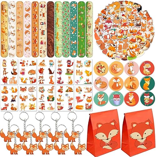 110 pulseras con temática de zorro, llaveros adhesivos, insignias, tatuajes temporales, bolsas de regalo para niños, criaturas del bosque, zorro,