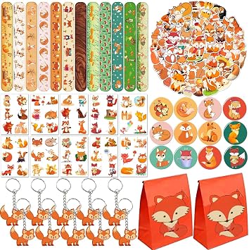 Fox Party Favors 110 PCS Fox Theme Slap Bracelets Sticker Key Chains Badge Temporary Tattoos Gift Bags for Kids Woodland Creatures Fox Birthday Party Baby Shower Jungle Safari Party Supplies