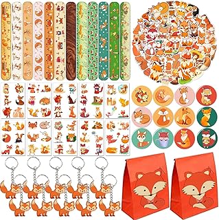 Fox Party Favors 110 PCS Fox Theme Slap Bracelets Sticker Key Chains Badge Temporary Tattoos Gift Bags for Kids Woodland Creatures Fox Birthday Party Baby Shower Jungle Safari Party Supplies