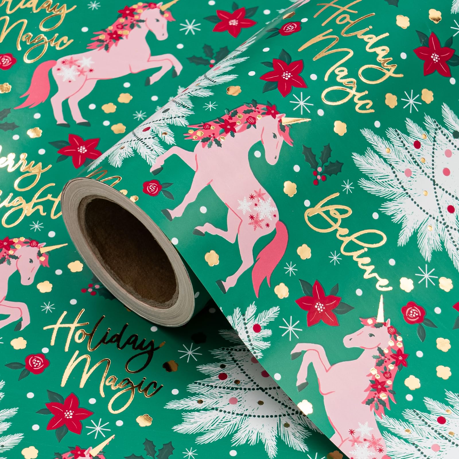 WRAPAHOLIC Unicorn Christmas Wrapping Paper - Mini Roll - 17 Inch x 16.5 Feet - Foil White Christmas Tree and Magical Pink Unicorn Wrapping Paper for Xmas Holiday, Kids Present, Winter Season