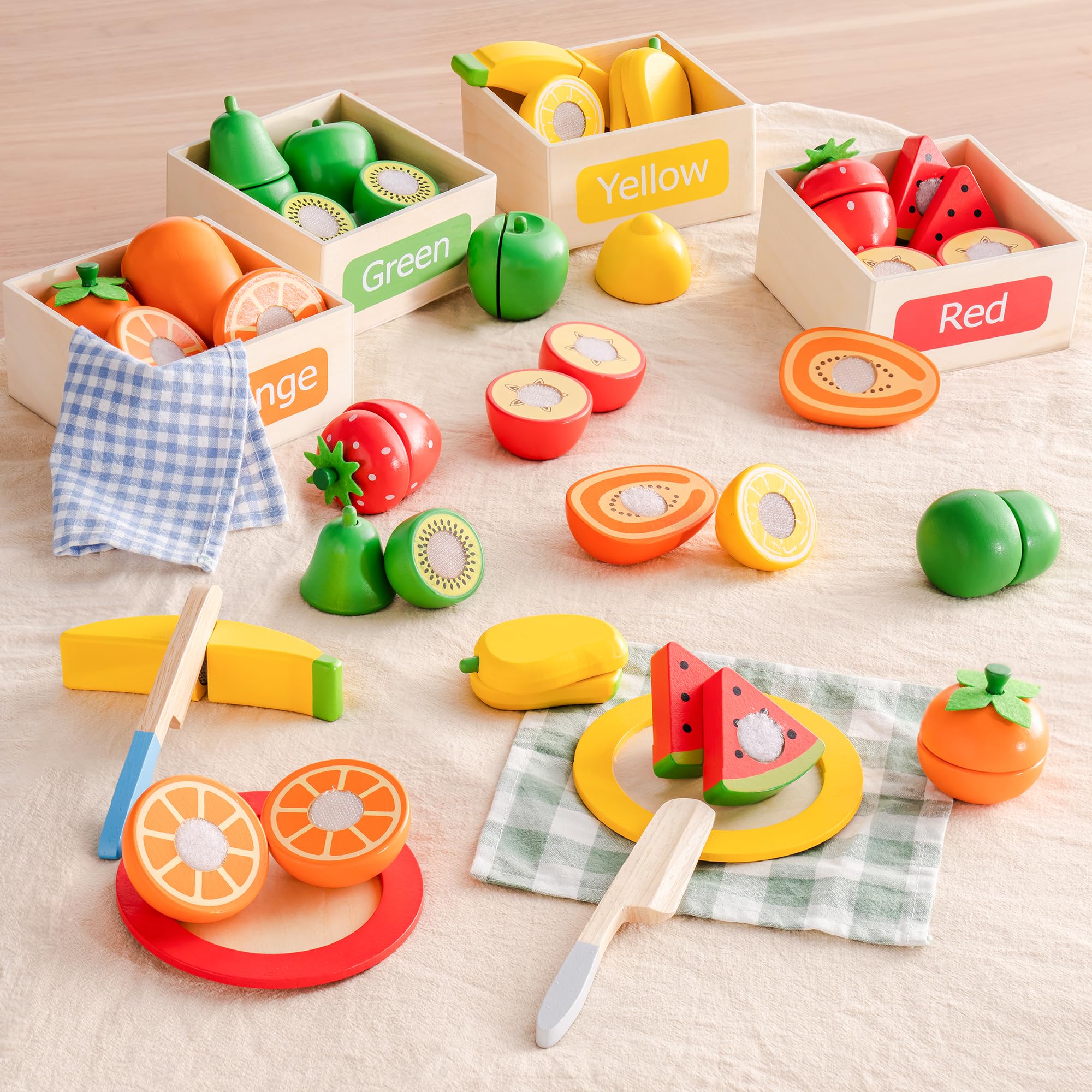 ROBUD Wooden Play Food for Kids, 22 PCS Cutting Fruits Toy Set with Wooden Plates, Knives & Napkins, Pretend Play Kitchen Accessories for Toddlers, Educational Toy Food Playset for Boys & Girls