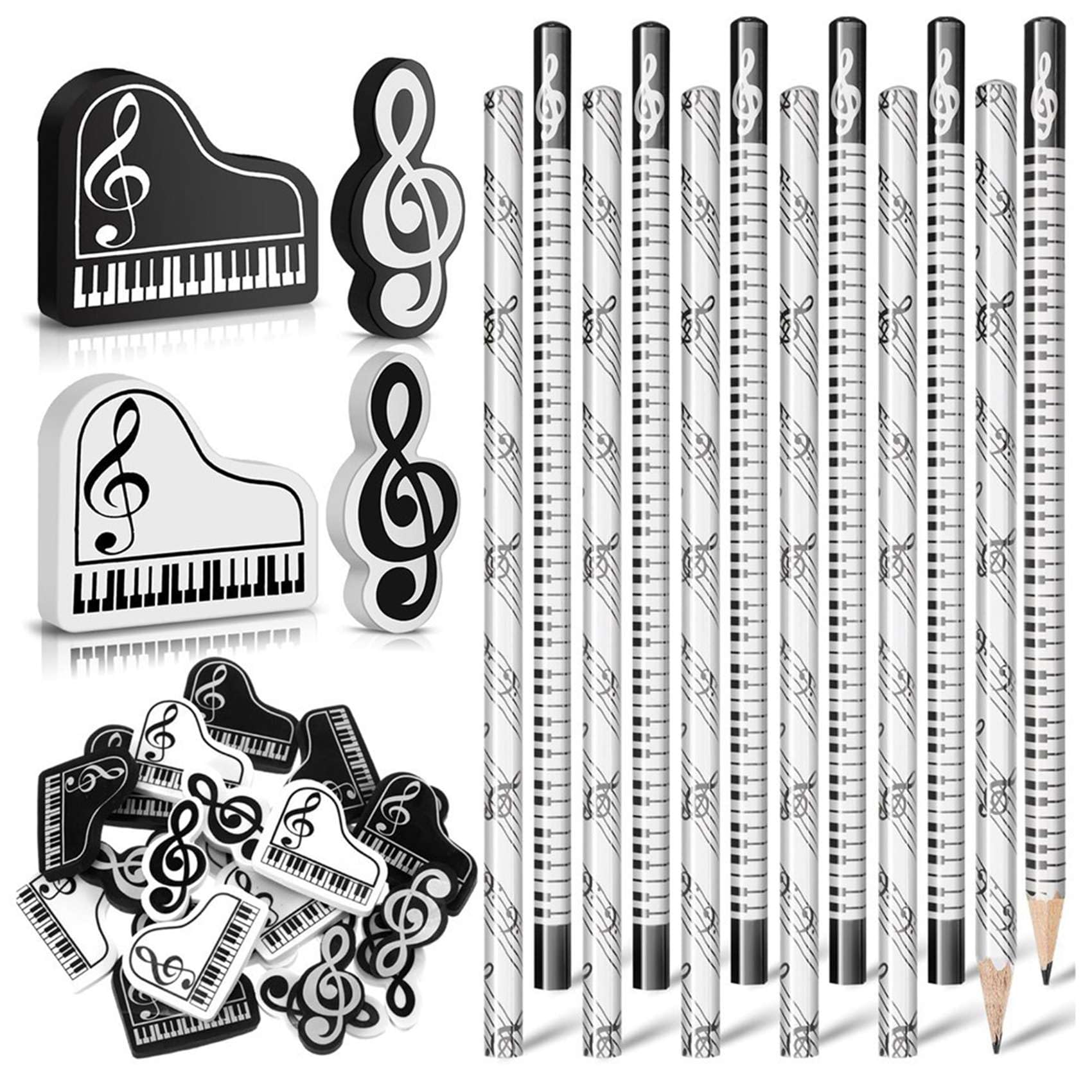 Musikstifte, Musiknoten-Bleistift mit Radiergummis zum Thema Musik, Holzstifte, Großpackung, Tastatur, Lustige Bleistifte, Radiergummis, Geschenk (192 Stück)