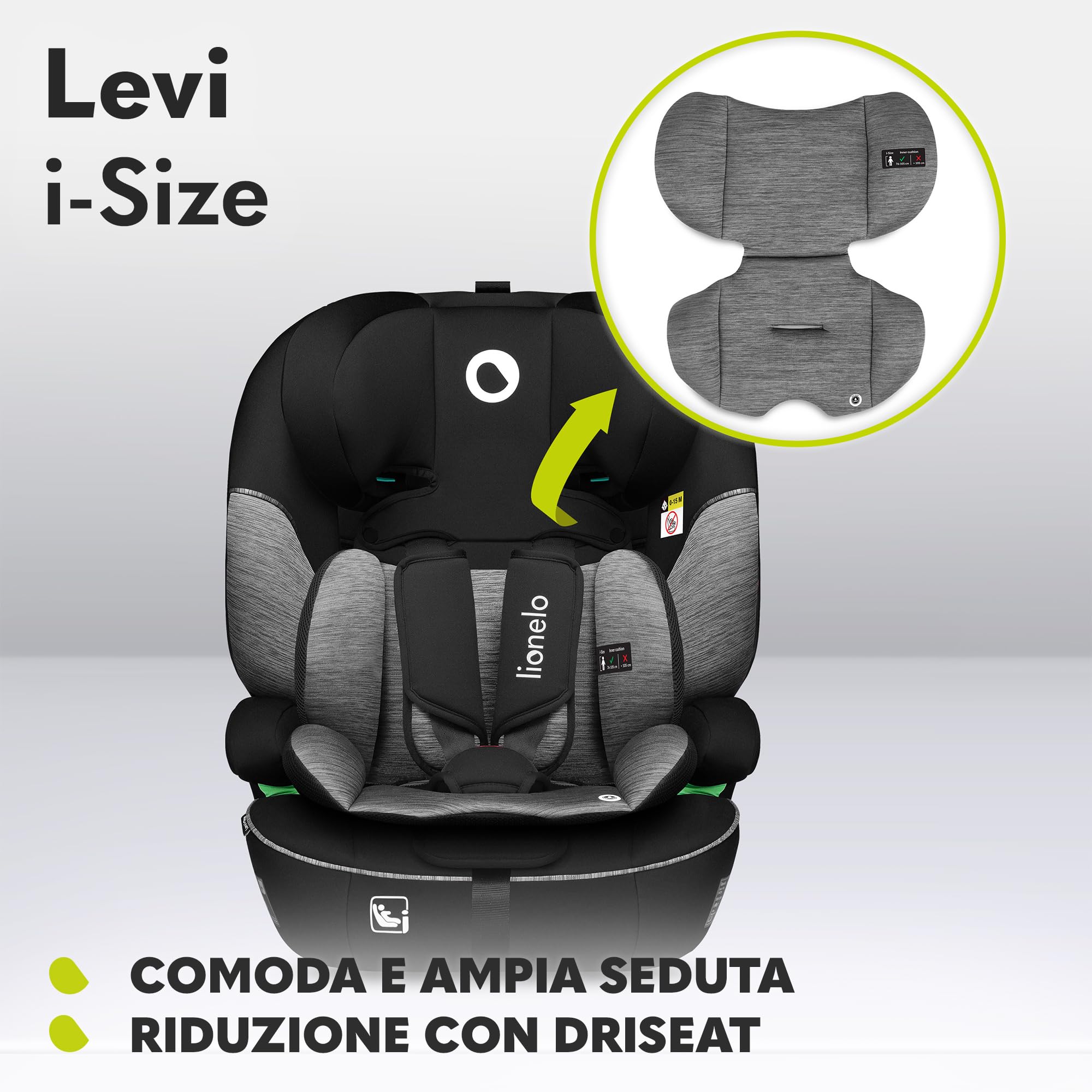 LIONELO Seggiolino Auto LEVI I-SIZE bambini 76-150 cm (ca.15 mesi - 12 anni') Protezione laterale, Poggiatesta 10 Livelli, Braccioli, Ampio e Comodo, Cinture a 5 punti, Universale, Lavabile, Gruppo123