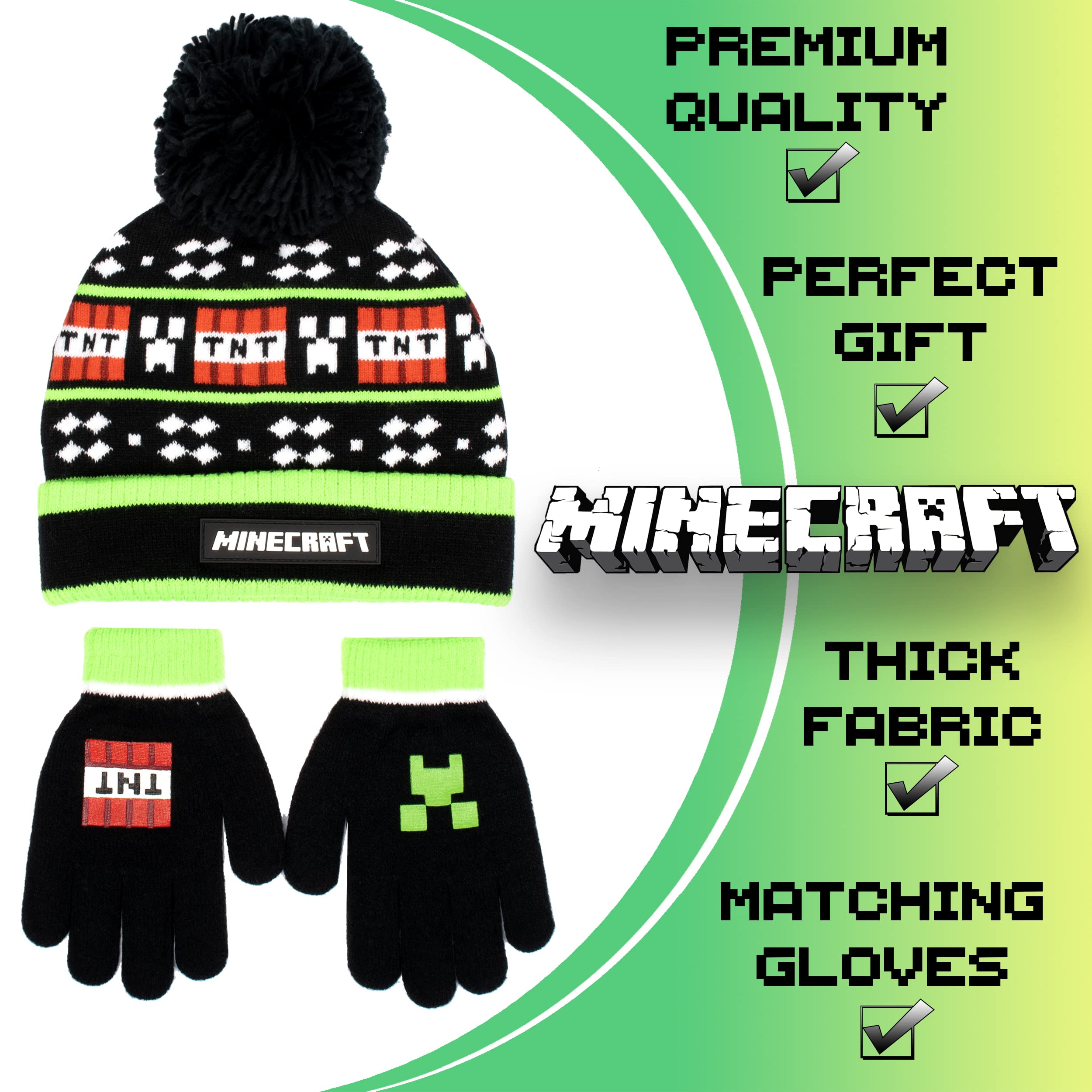 Minecraft Gorro y Guantes de Lana Negros para Niños - Diseño de Píxeles - Talla Única 6-12 Años - Mercancía Oficial