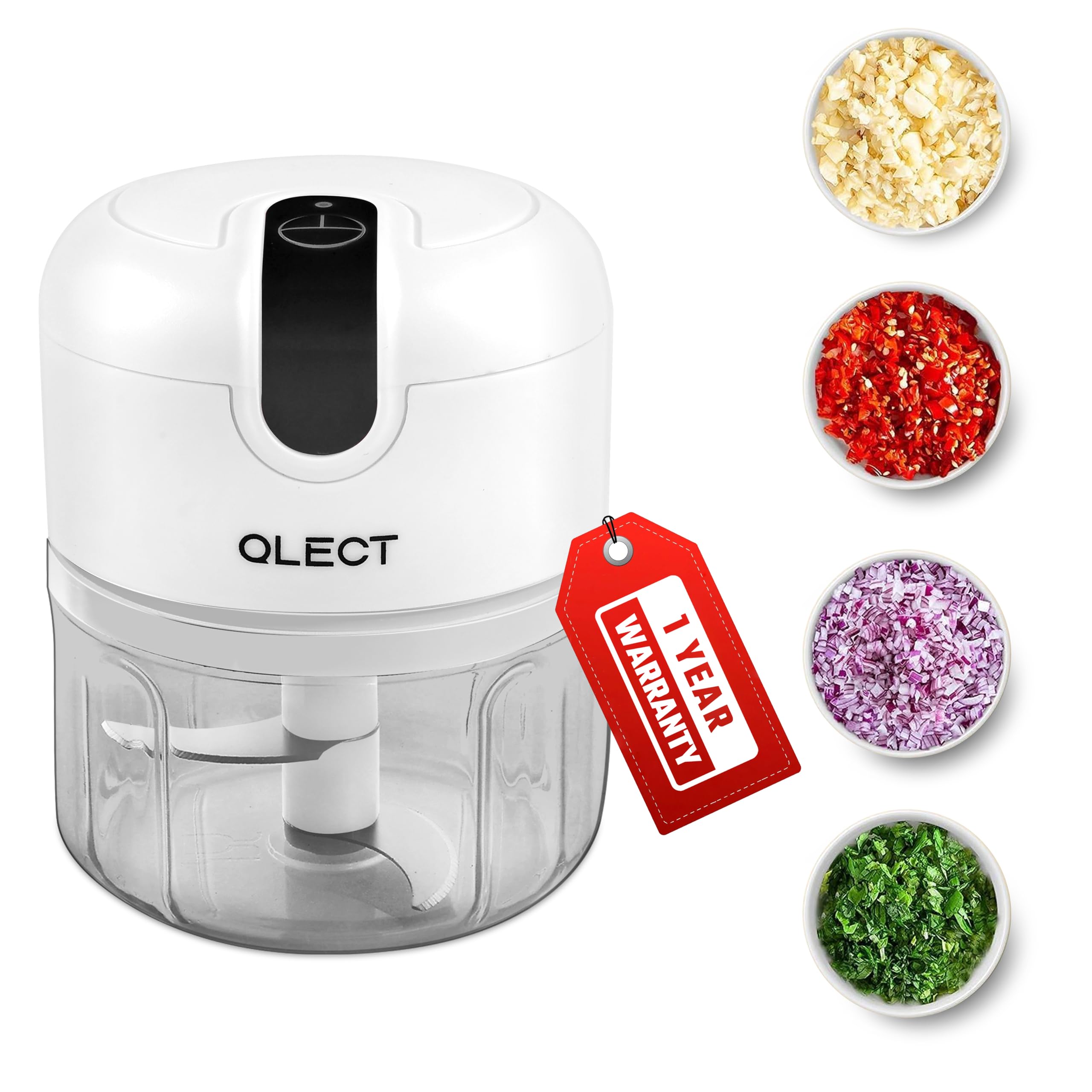 Qlect Automatic Electric Chopper for Kitchen | Rechargeable Wireless Chopper | Stainless Steel Blades | One Touch Cutter for Onion Vegetables Garlic Ginger Meat Fruits (250ml White | 1 Year Warranty)