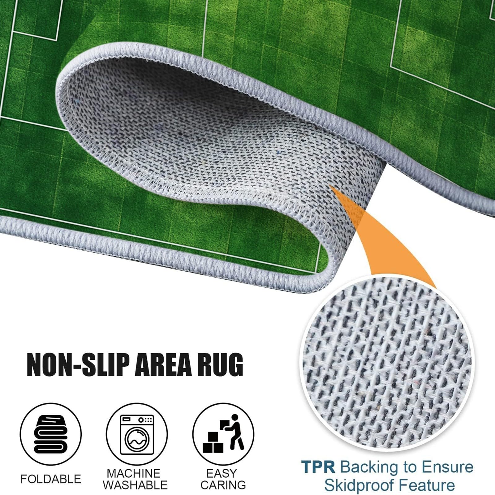 Tapis de salon lavable en machine 80 x 150 cm vert, coureur faible poil antidérapant avec imprimé rayures vertes terrain de football - tapis chambre pour la chambre à coucher le bureau à domicile