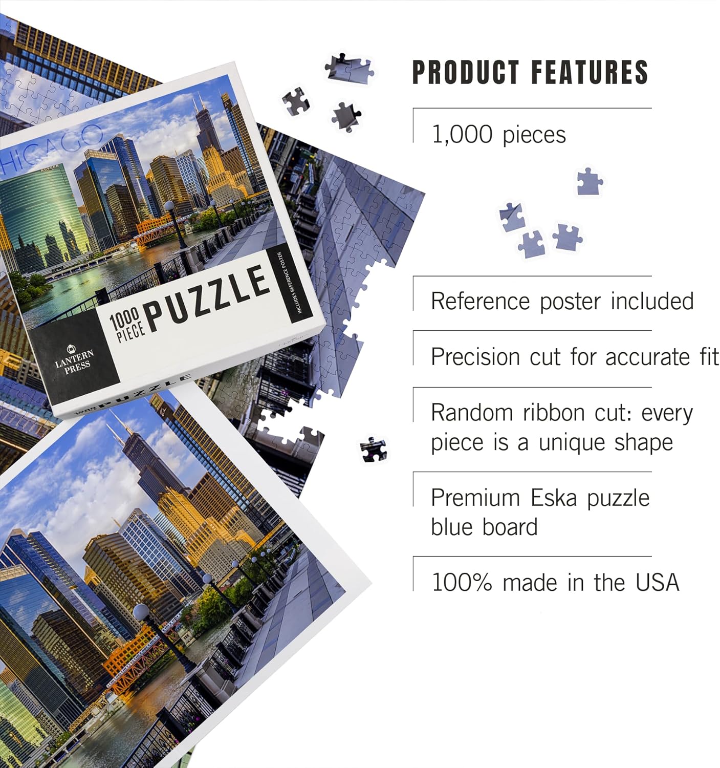 Chicago, Illinois, Skyline and River (1000 Piece Puzzle, Challenging Jigsaw Puzzle for Adults, Made in USA)