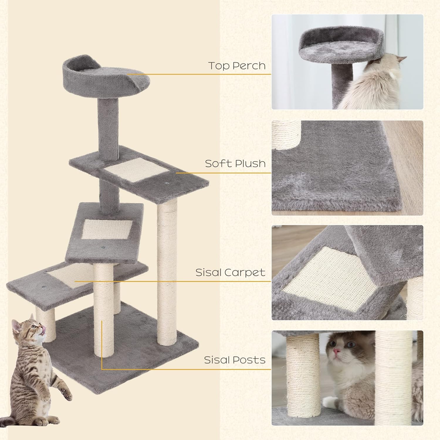 Gray 5-Level Sisal Cat Tree with Plush Perches