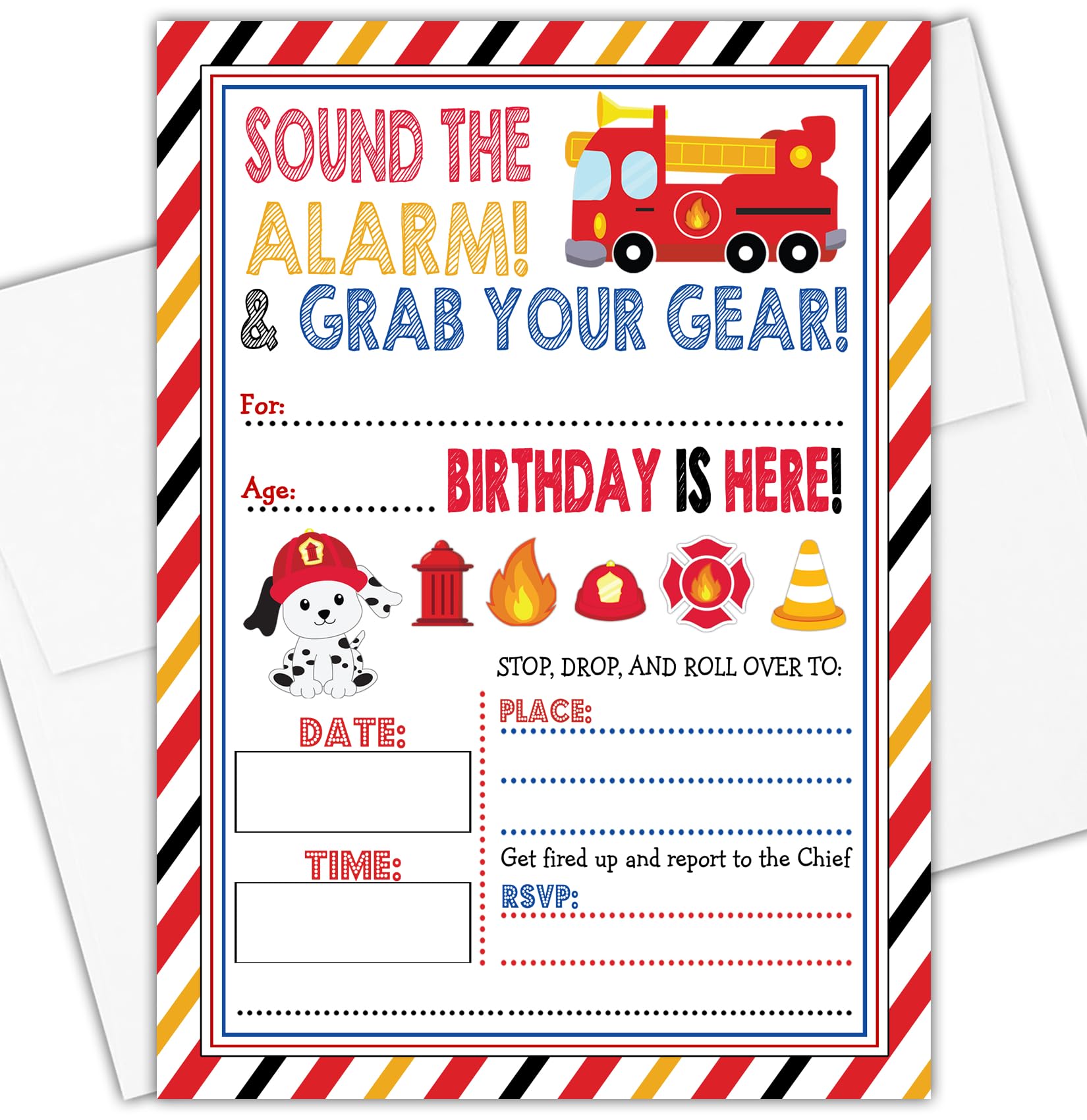 Firetruck Themed Birthday Party Invitation - Set of 15 with envelopes