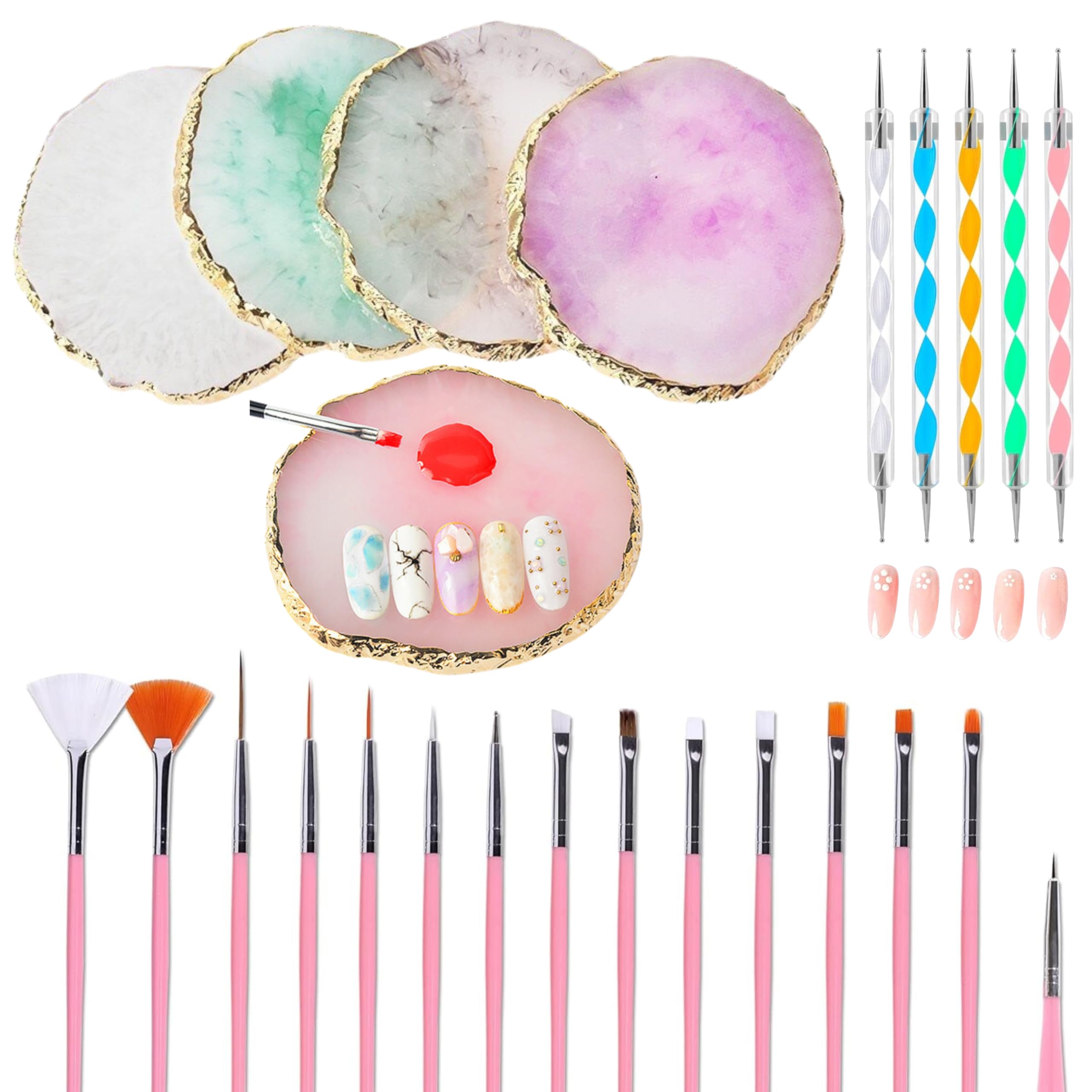 21 Pieces Nail Art Tool Kit, 1 Piece Resin Nail Art Palette,15 Pieces Nail Art Brushes, 5 Pieces Nail Art Dotting Pens, Nail Home Salon Nail Painting Tools