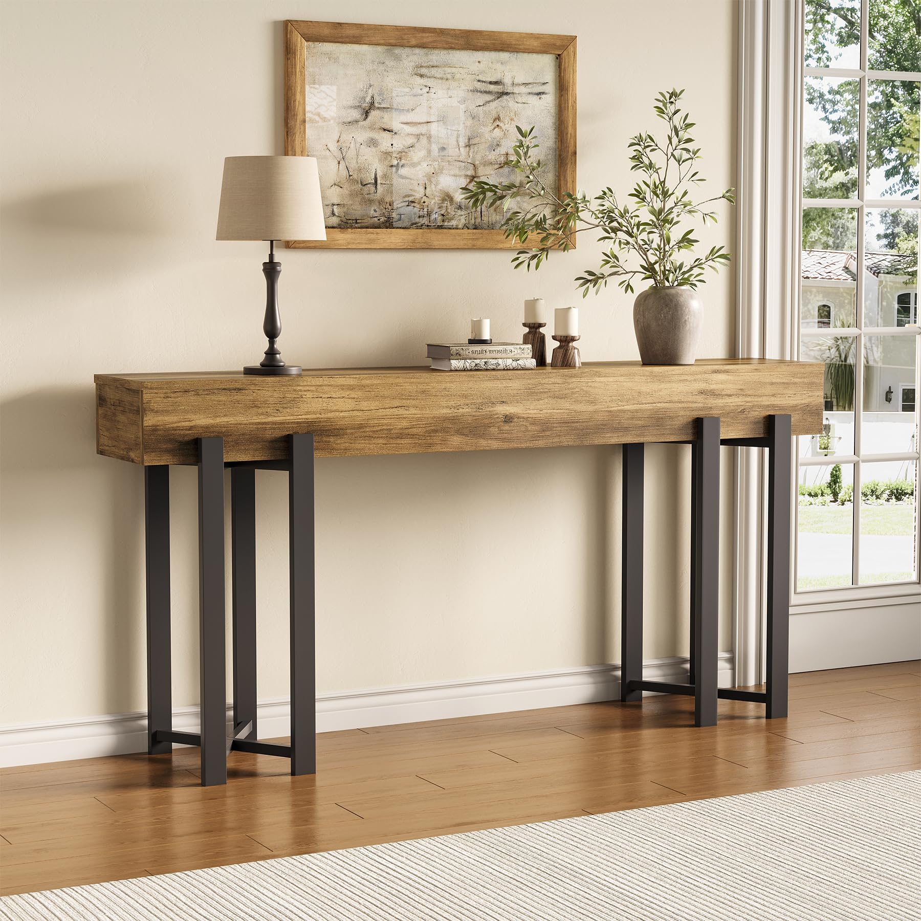 Tribesigns Mesa consola estrecha de 160 cm en estilo rústico, ahorra espacio para pasillo, pasillo y salón, como mesa de centro detrás del sofá o escritorio de oficina en casa con estructura de metal