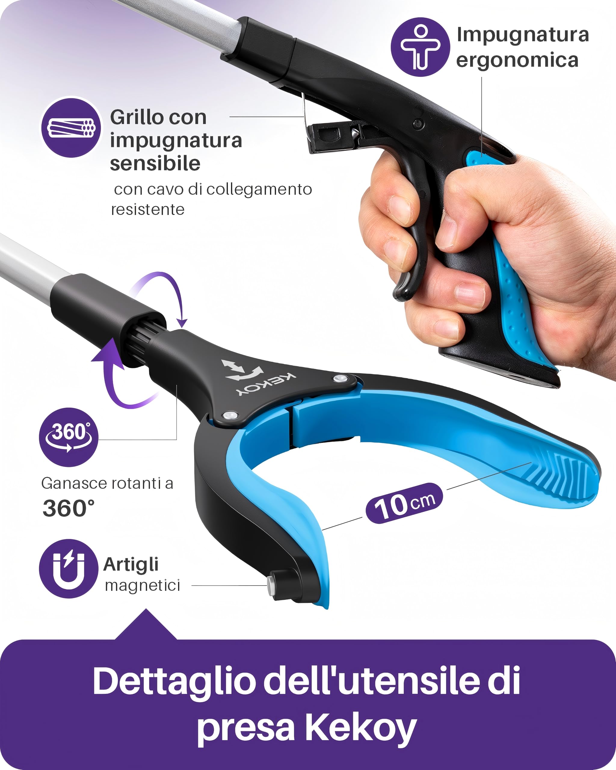 KEKOY Pinza telescopica da 91 cm, pinza raccogli oggetti per anziani, pieghevole con morsa antiscivolo rotante 360°, artiglio allungato largo 4" con magnete (blu cielo, 1 pezzo)