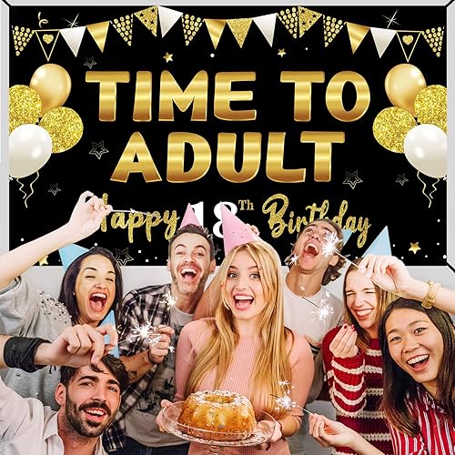 Miniatura 4 de Cartel grande de cumpleaños de 18 años, color negro dorado con texto en inglés "Time To Adult Happy 18th Bday", suministros de fiesta, póster de