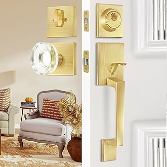 Satin Brass Front Door Handle and Single Cylinder Deadbolt, Front Door Lock Set, Gold Entry Door Handle Set with Glass Door Knobs
