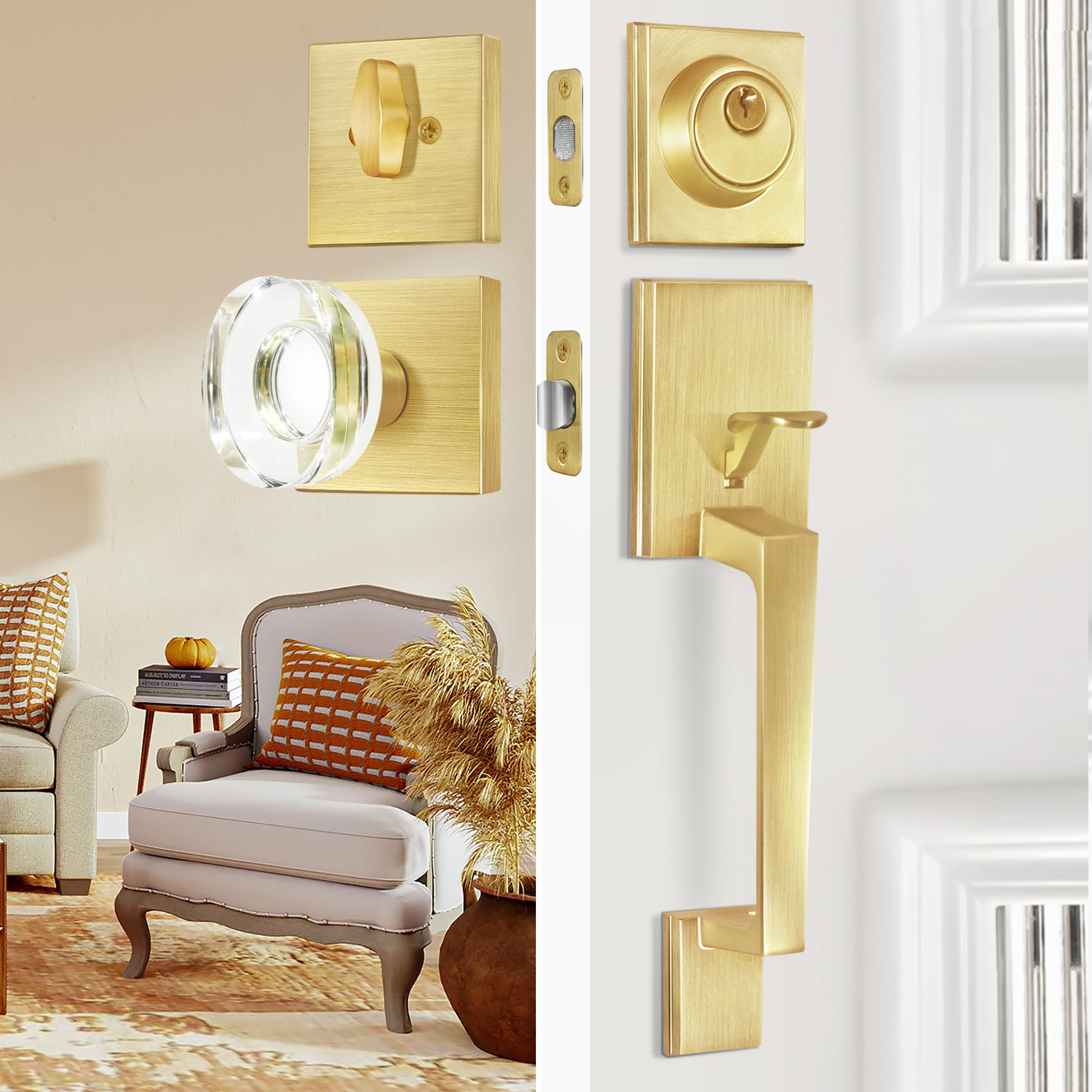 Satin Brass Front Door Handle and Single Cylinder Deadbolt, Front Door Lock Set, Gold Entry Door Handle Set with Glass Door Knobs
