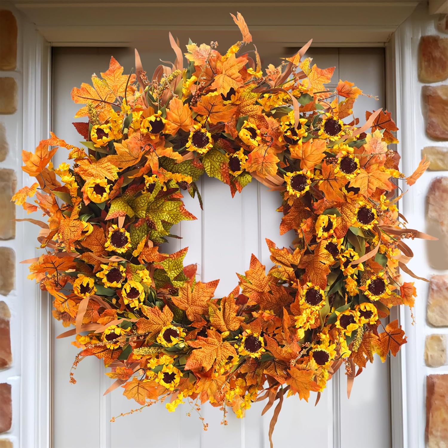 28.5" Large Fall Wreaths for Front Door, Orange Autumn Flowers Wreaths with Sunflowers Wheat Maple Leaves Fall Decorations for Home Outdoor Farmhouse Harvest Thanksgiving Decor