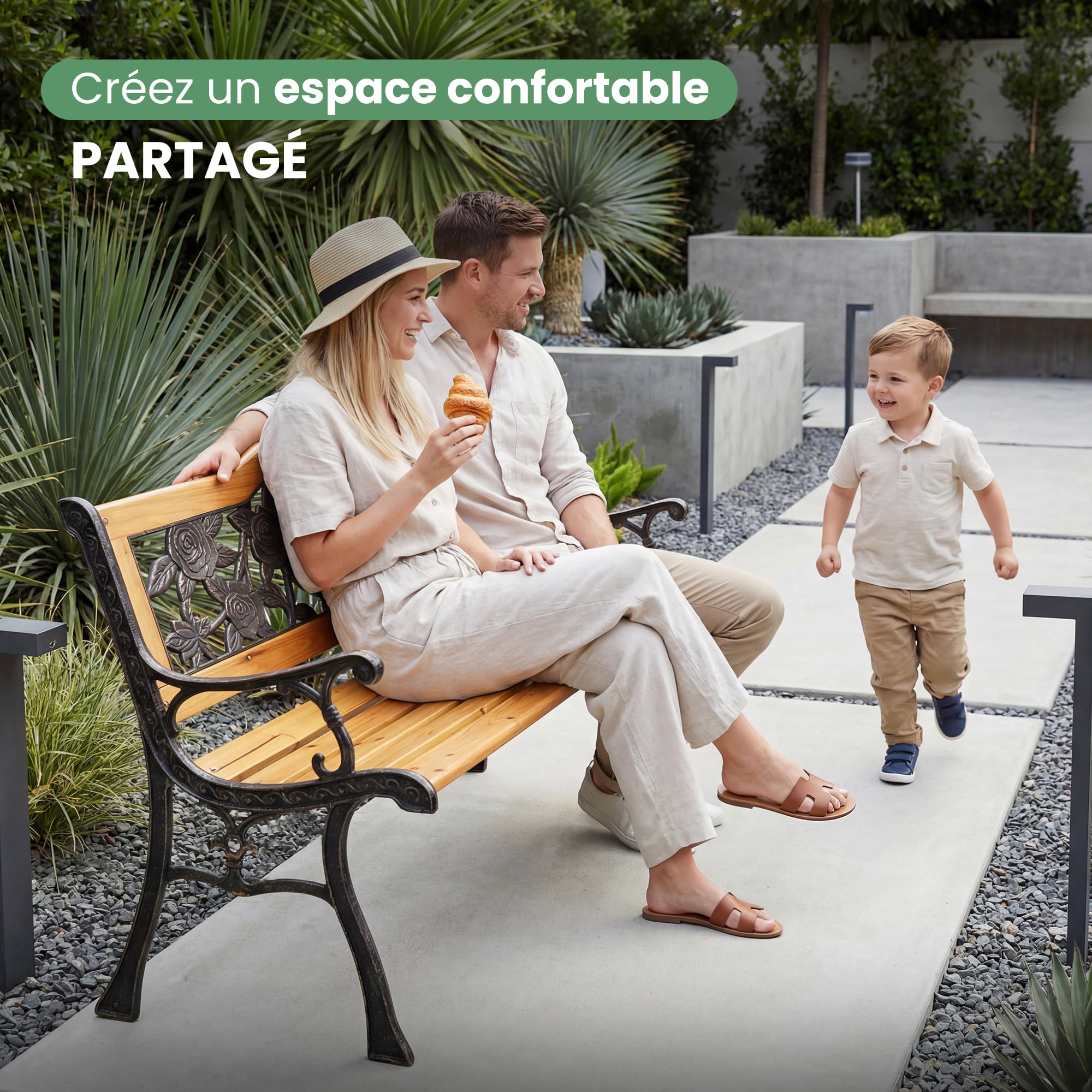 AKORD Banc de jardin rose avec pieds en fonte et bois verni | Banc d'extérieur | Bancs extérieurs avec accoudoir | Bancs modernes résistants aux intempéries | Largeur 118 cm | Marron