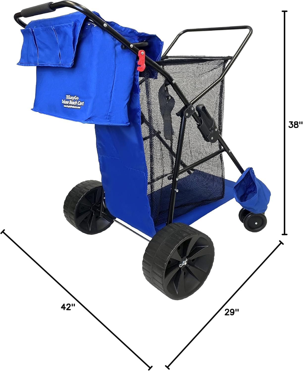 Beach Cart Deluxe Heavy Duty Folding Ocean Utility Large Sand Wheels Holds 4 Folding Chairs Umbrella Holder Removable Storage Bag – Premium Solid Blue