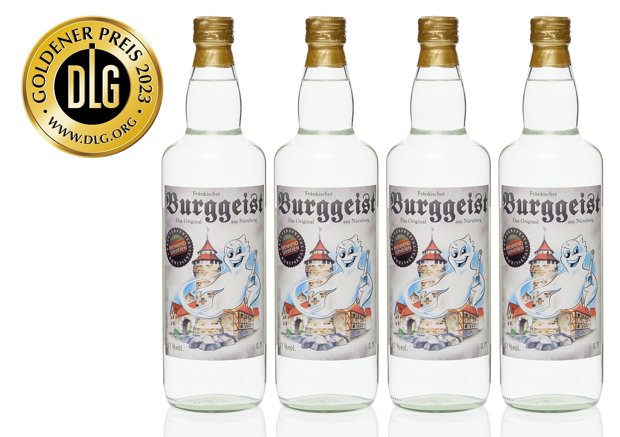 Fränkischer Burggeist ® 0,7 Liter 4 Flaschen Kultbrand DLG Gold, Nürnberg, Deutsche Qualität vom Hersteller, Kräuterlikör, Kräuterliqueur, Kräuterschnaps, Wer Hochmoorgeist mag, wird Burggeist lieben