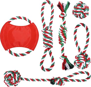 ROYBENS Christmas Dog Rope Toy, 6-Pack Christmas Stocking Toy Gift Set Cotton Rope Knot Chew Toy for Medium and Large Dogs Teething Cleaning and Training Not Suitable for Giant Gogs