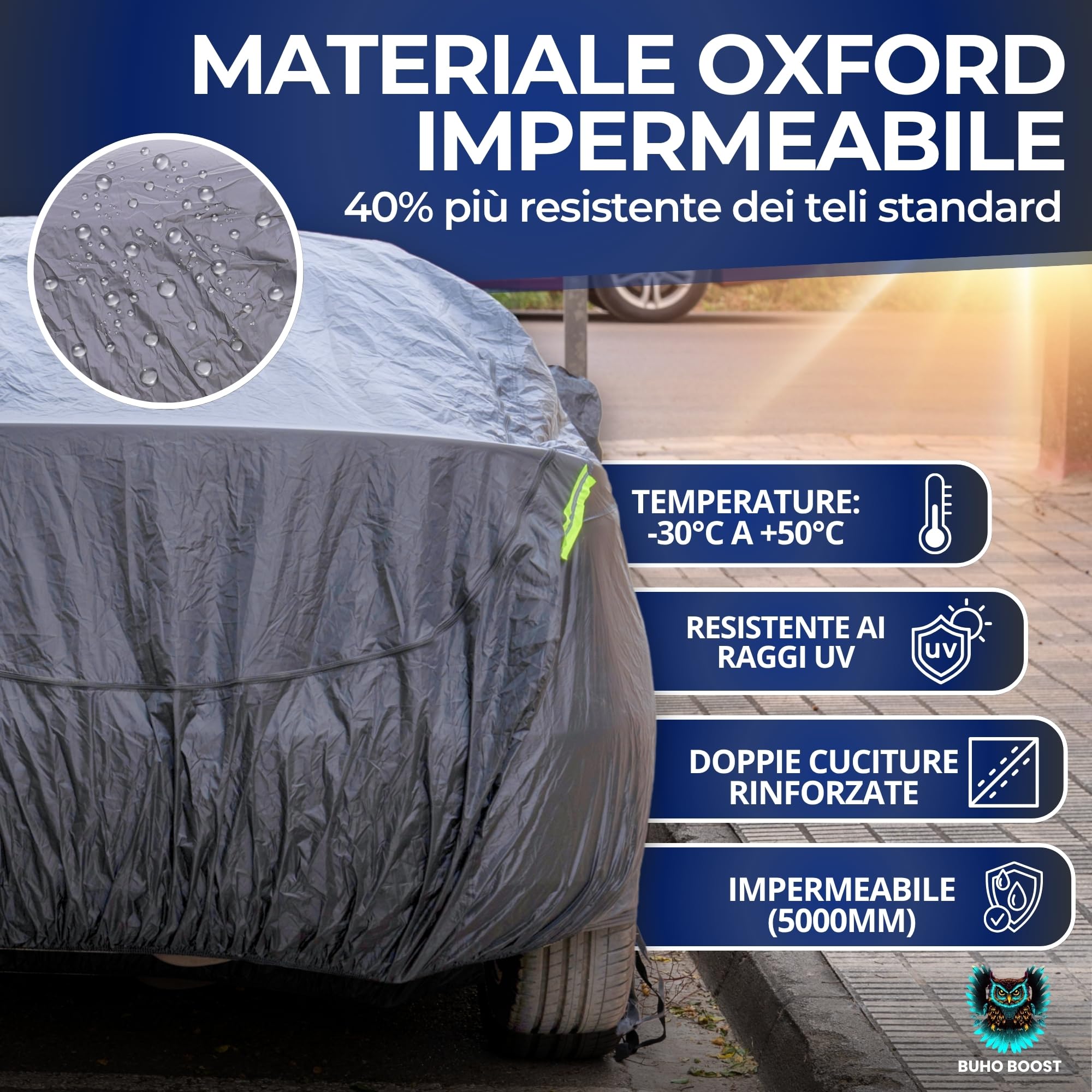 Classic - Telo Auto 100% Impermeabile con Parasole Incluso - Telo Copriauto Da Esterno con 2 Zip Strategiche - Protezione Completa Pioggia/Neve/UV/Polvere - Misura Universale Auto SUV