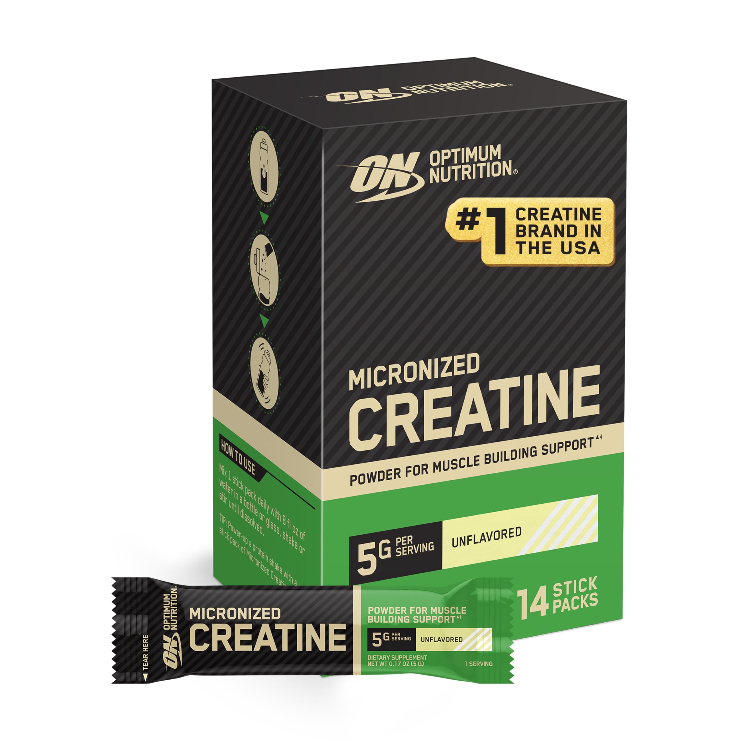 Optimum Nutrition Micronized Creatine Monohydrate Stick Packs, Unflavored, On the Go Single Serve Travel Packs, 14 Count