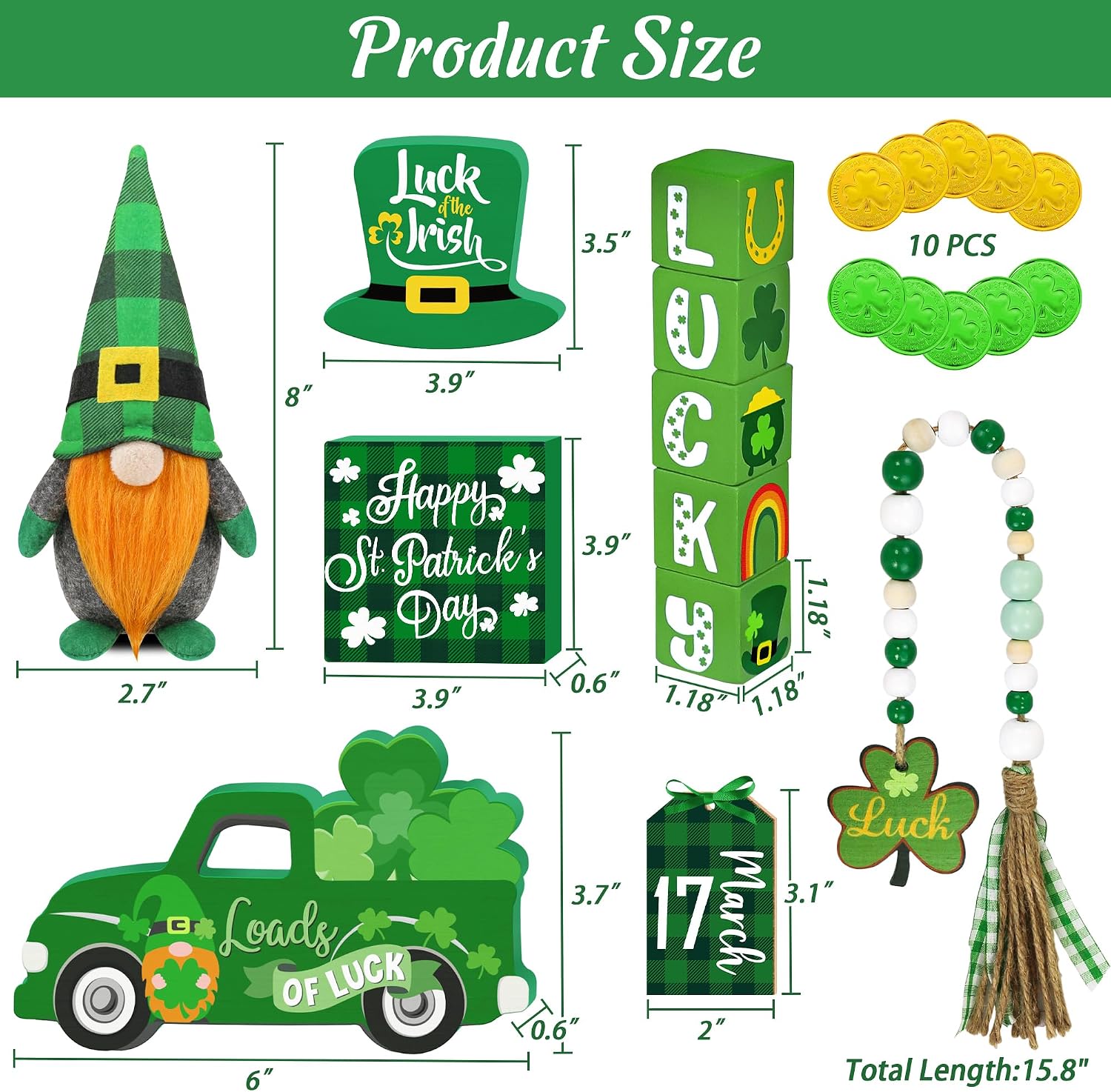 St Patricks Day Decor, 12 Pcs St Patricks Day Tiered Tray Decor - Plush Gnome, St Pattys Day Wooden Signs, Lucky Dice, Bead Garland, Saint Patricks Day Decorations for Table Mantel Shelf Desk image 2
