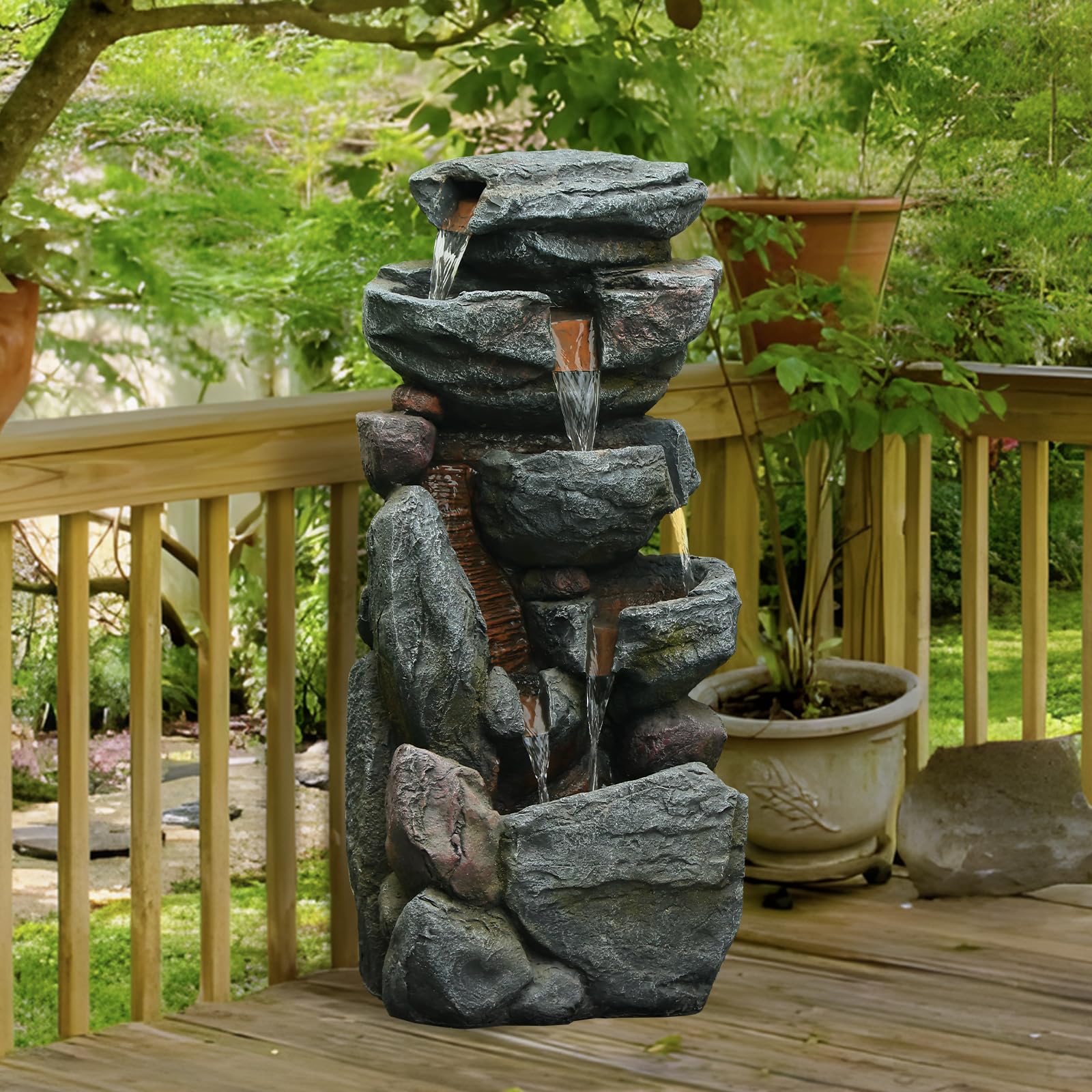Bumilgar 5-stufiger Felsen-Springbrunnen für Innen- & Außenbereich, 80 cm hoher freistehender Garten-Brunnen mit Beleuchtung, Stein-Wasserfall für Terrasse, Balkon, Veranda, Wohnkultur, Grau