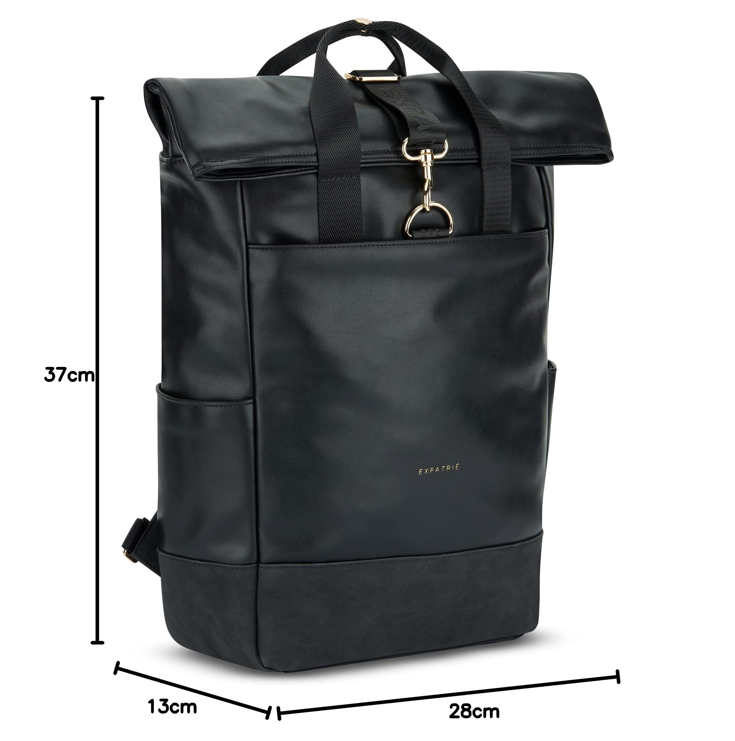 Expatrié Zaino Donna Nero - Adele - Zainetto Elegante per Università, Lavoro, Bici, Viaggio - Rolltop Grande con Vano per PC Portatile - Impermeabile