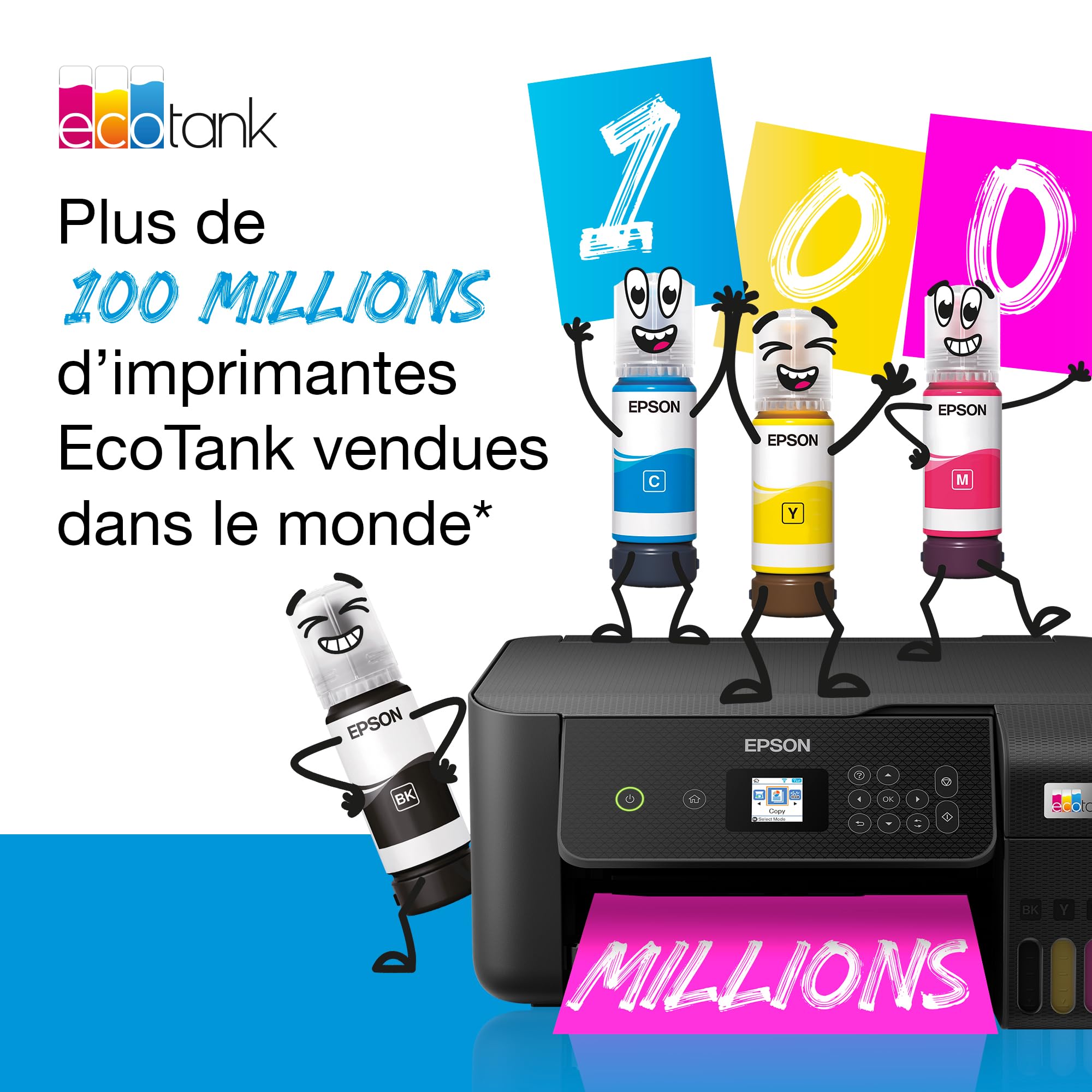 Epson Imprimante EcoTank ET-2851 avec réservoirs, Multifonction 3-en-1: Imprimante recto verso / Scanner / Copieur, A4, Jet d'encre couleur, Wifi Direct, Ecran, Faible coût par page, Compact