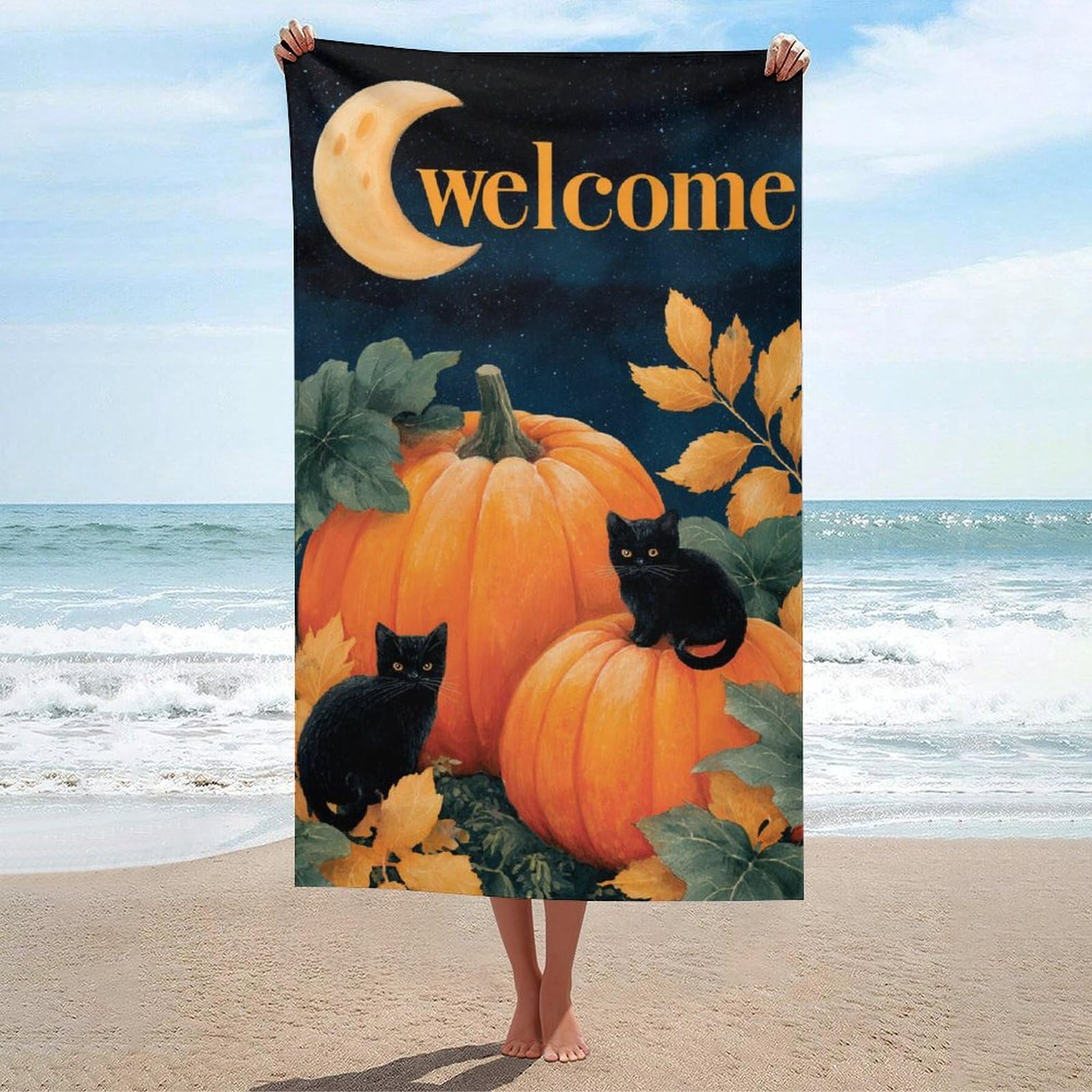 asbwuo Halloween Pumpkins Cats Moon Text Welcome Beach Towel