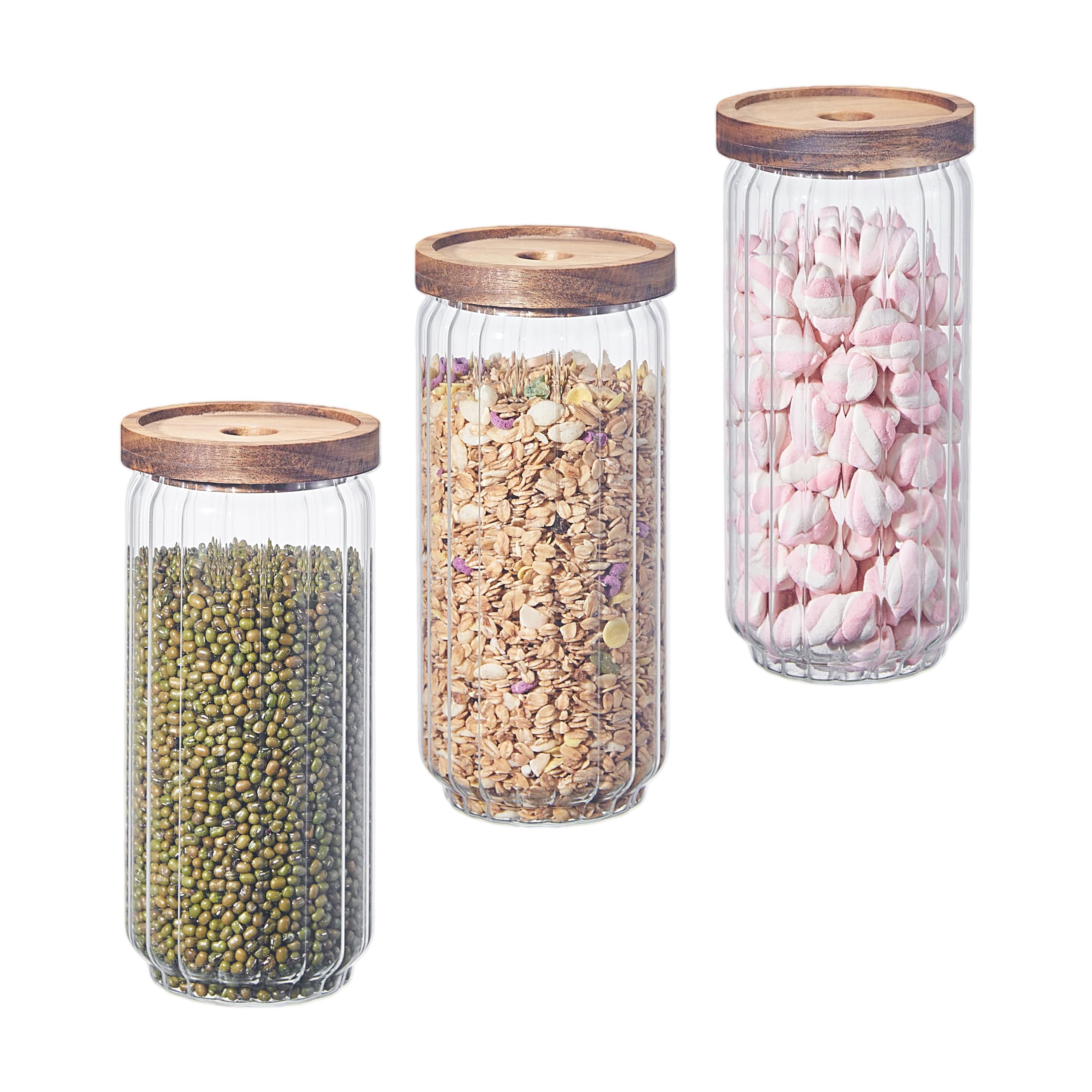 Eden & Willow Transparent Ribbed Airtight Glass Kitchen Storage Jar With Acacia Wooden Lid - Pantry Organisation Canisters For Coffee, Tea, Sugar, Flour, Pasta, Spices, Grains, Oats (3, 850Ml)