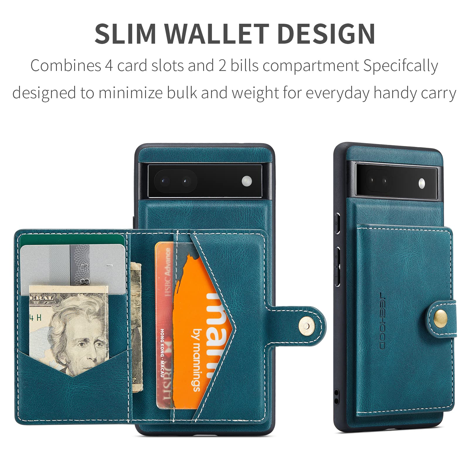 HXY Case for Google Pixel 6A 2022, Detachable Magnetic Wallet Credit Card Cash Slot Case Cover Functional Kickstand Compatible with Google Pixel 6A 2022 (Blue)