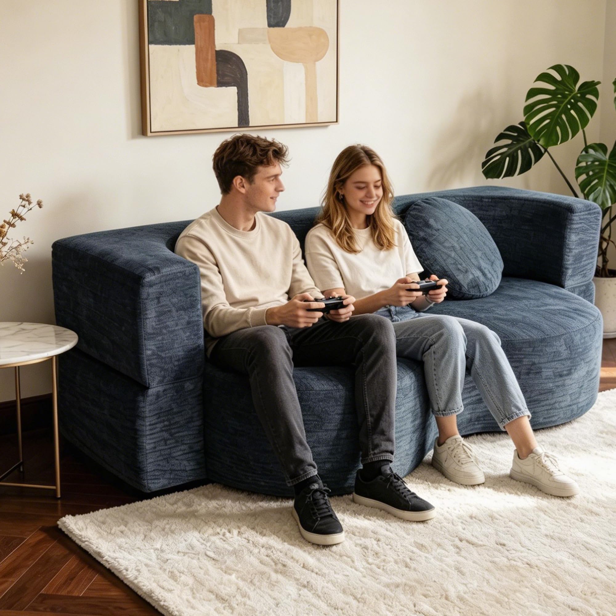 Schlafsofa 200cm Breit, Bodensofa Bed mit Pillow Back Support Armrest mit Kuscheliger Chenille-Stoff, 3-Sitzer Sofa mit Schlaffunktion für Wohnzimmer, Apartment, Schlafzimmer, Blaugrau