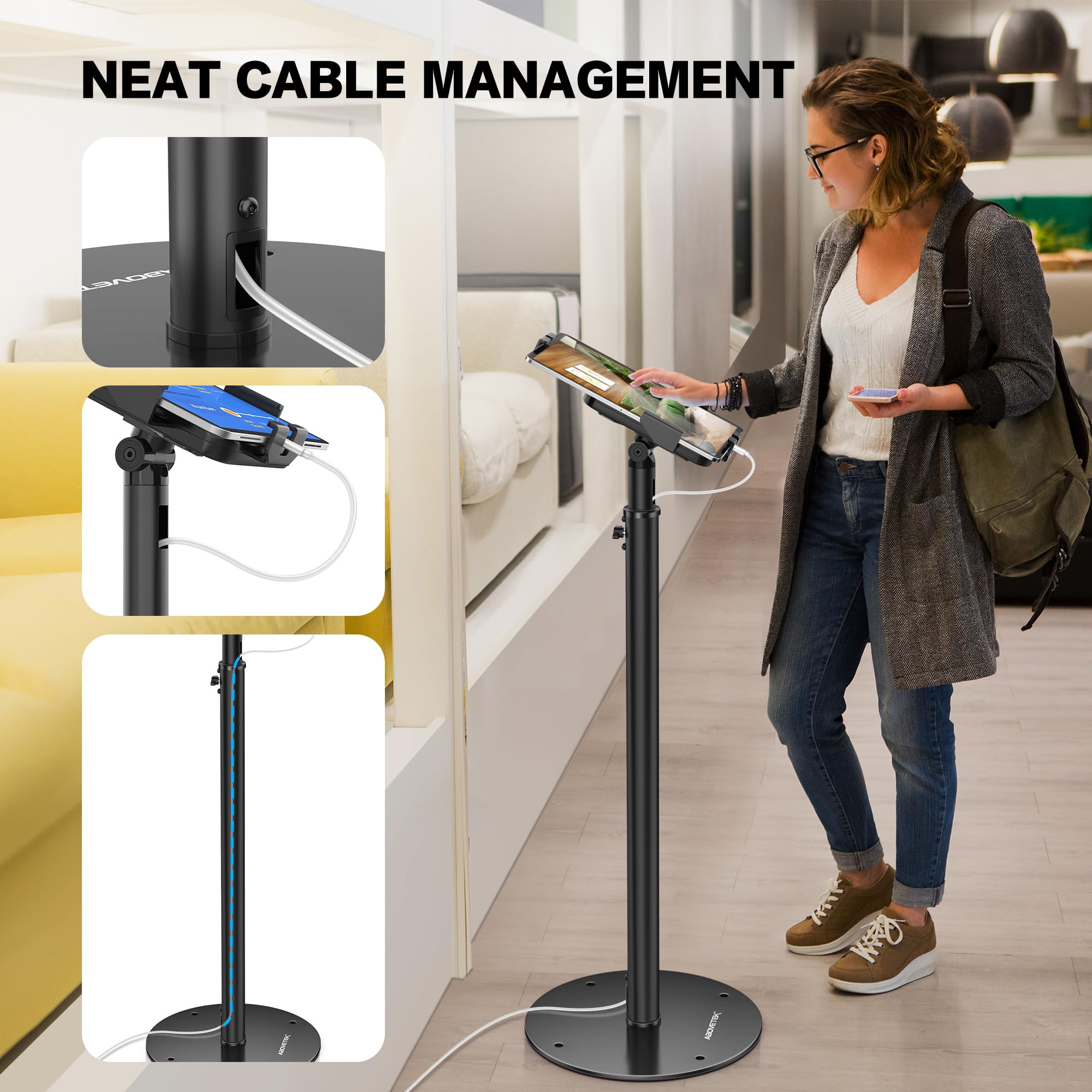 AboveTEK Supporto Tablet da Terra - Supporto POS iPad Regolabile Altezza, Supporto Girevole 360° Bloccabile per iPad 7,9"-11" - Supporto Antifurto Negozi