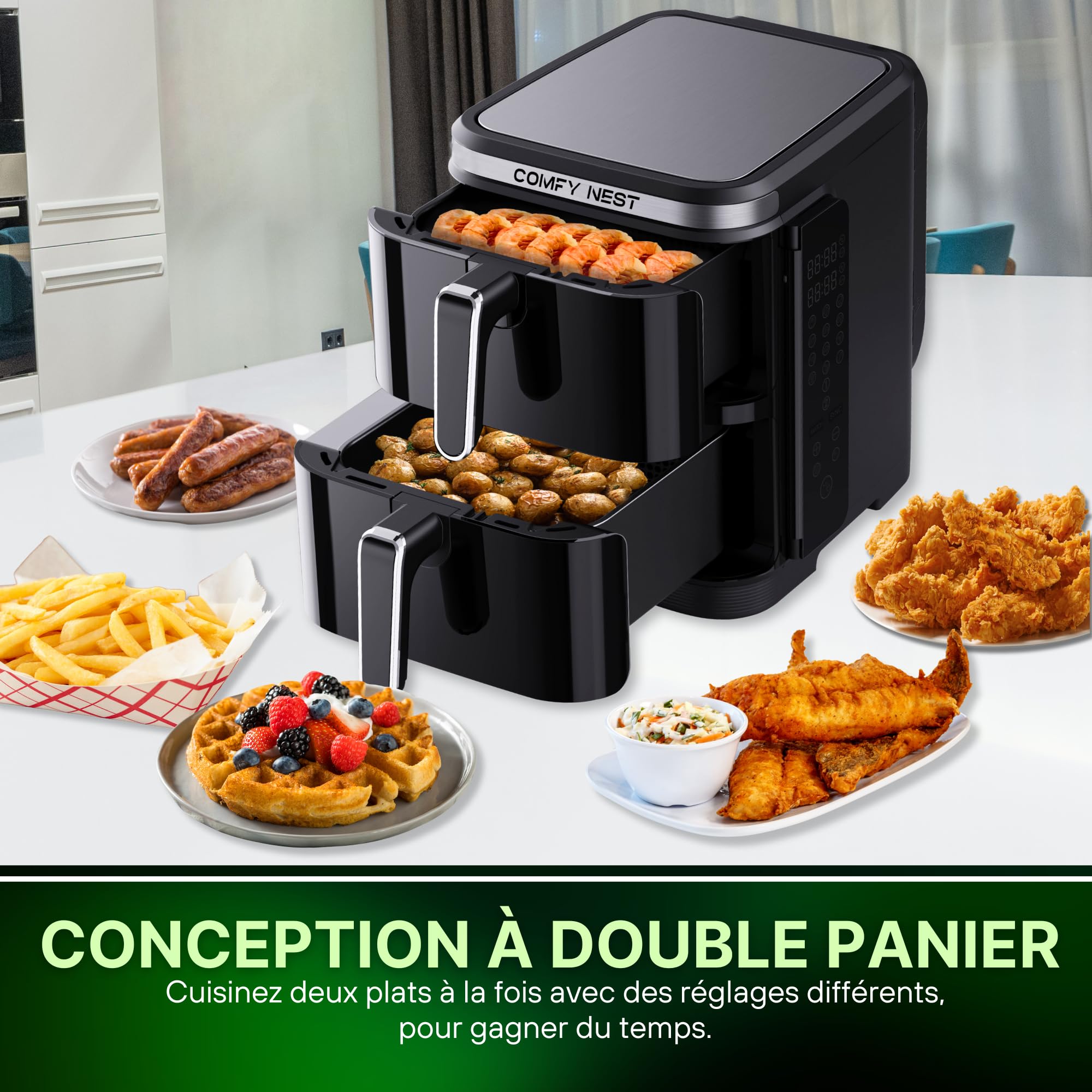 Comfy Nest, Airfryer met dubbele mand van 11 liter, Airfryer, gelijktijdig koken, digitaal touchscreen, Rapid Air-technologie, verbeterde veiligheid, gemakkelijk schoon te maken - 5,5 liter, Zwart