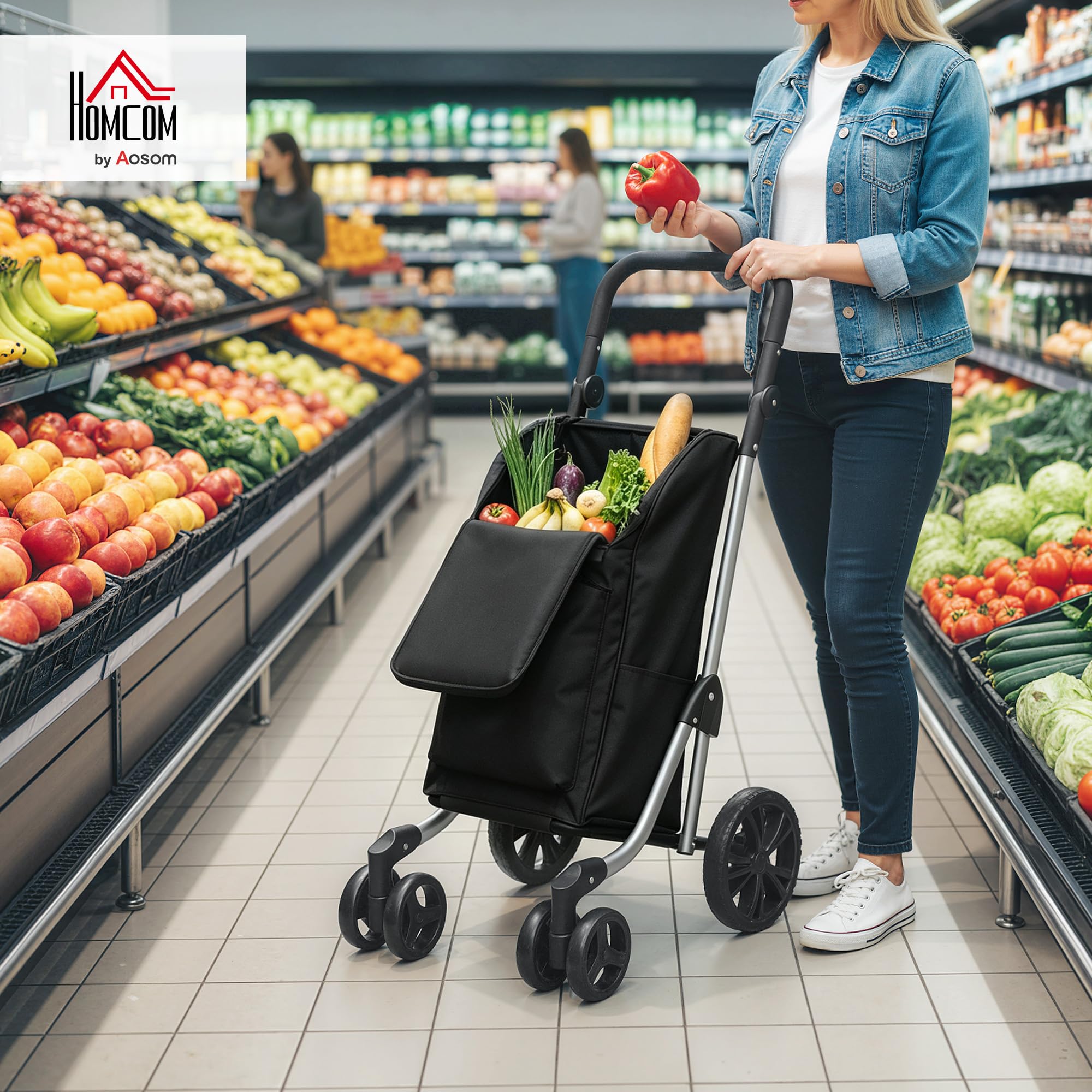 HOMCOM Einkaufstrolley Klappbar mit Kühlfach, 46L, Schwarz | Einkaufswagen, 3in1 Trolley, Sackkarre & Umhängetasche, Verstellbar Griff, Einkaufsroller mit Abnehmbarer Tasche, 6 Rädern