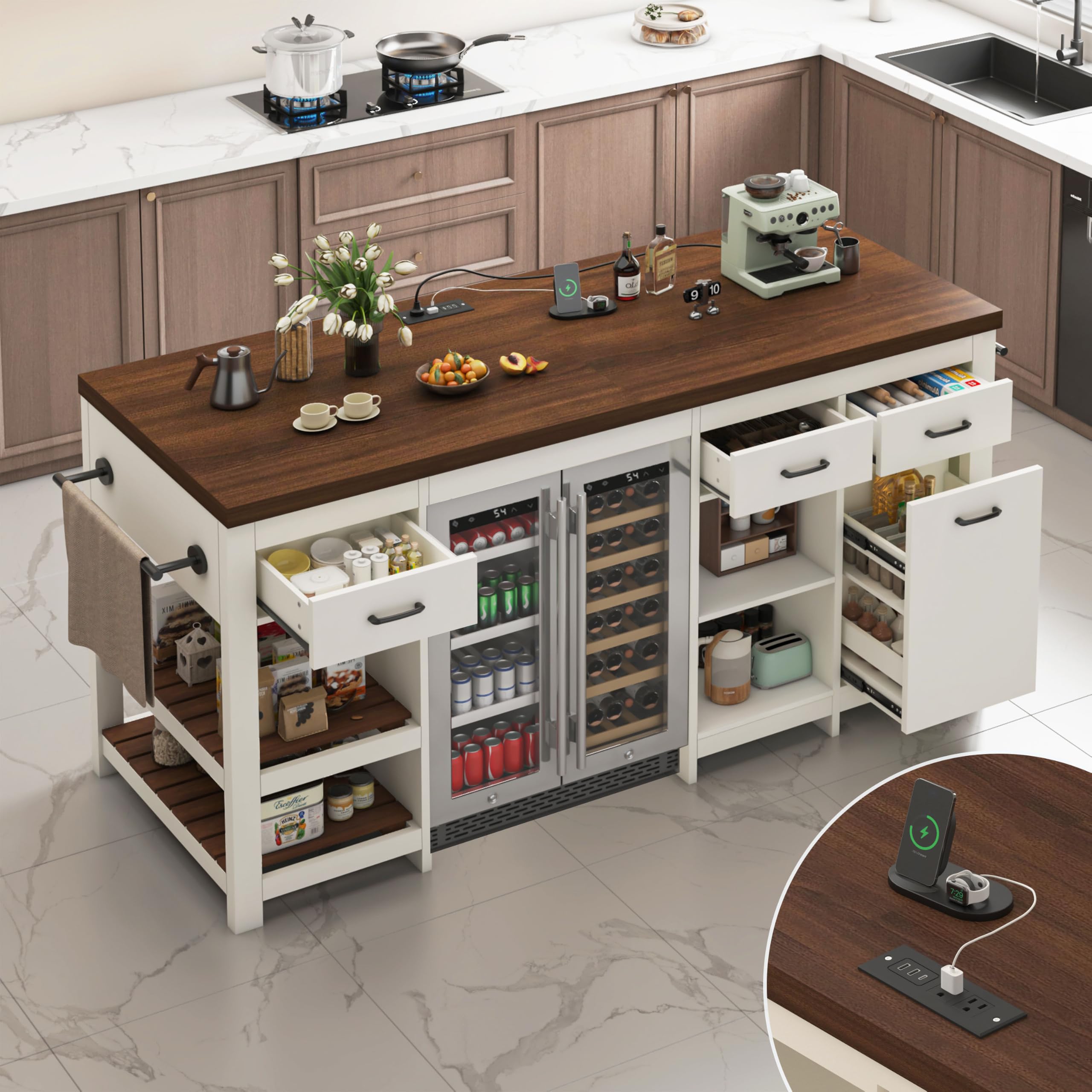 72" Large Kitchen Island with Storage, Modern Kitchen Bar Island Table with Power Outlet, Stationary Island Cabinet with 6 Drawers &amp; Fridge Space, Wood Counter Height Island Bar for Dining Room