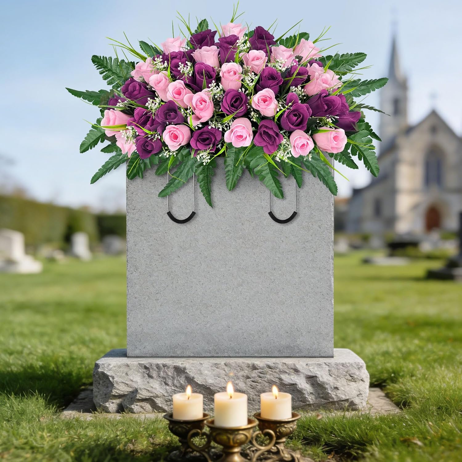 ICX Cemetery Headstone Flower Saddle, Artificial Cemetery Flowers for Grave, Memorial Day Rose Flowers, Grave Flowers for Outdoor Tombstone Decorations for Remberance (Pink)