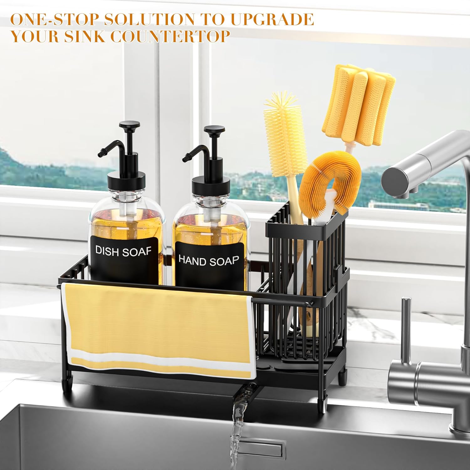 Kitchen Soap Dispenser Set with Sponge Holder and Towel Rack, 17OZ Glass Bottle, Hand and Dish Soap Dispenser Set, Non-Slip Silicone Pad, Brush Holder, Kitchen Sink Caddy Organizer Countertop