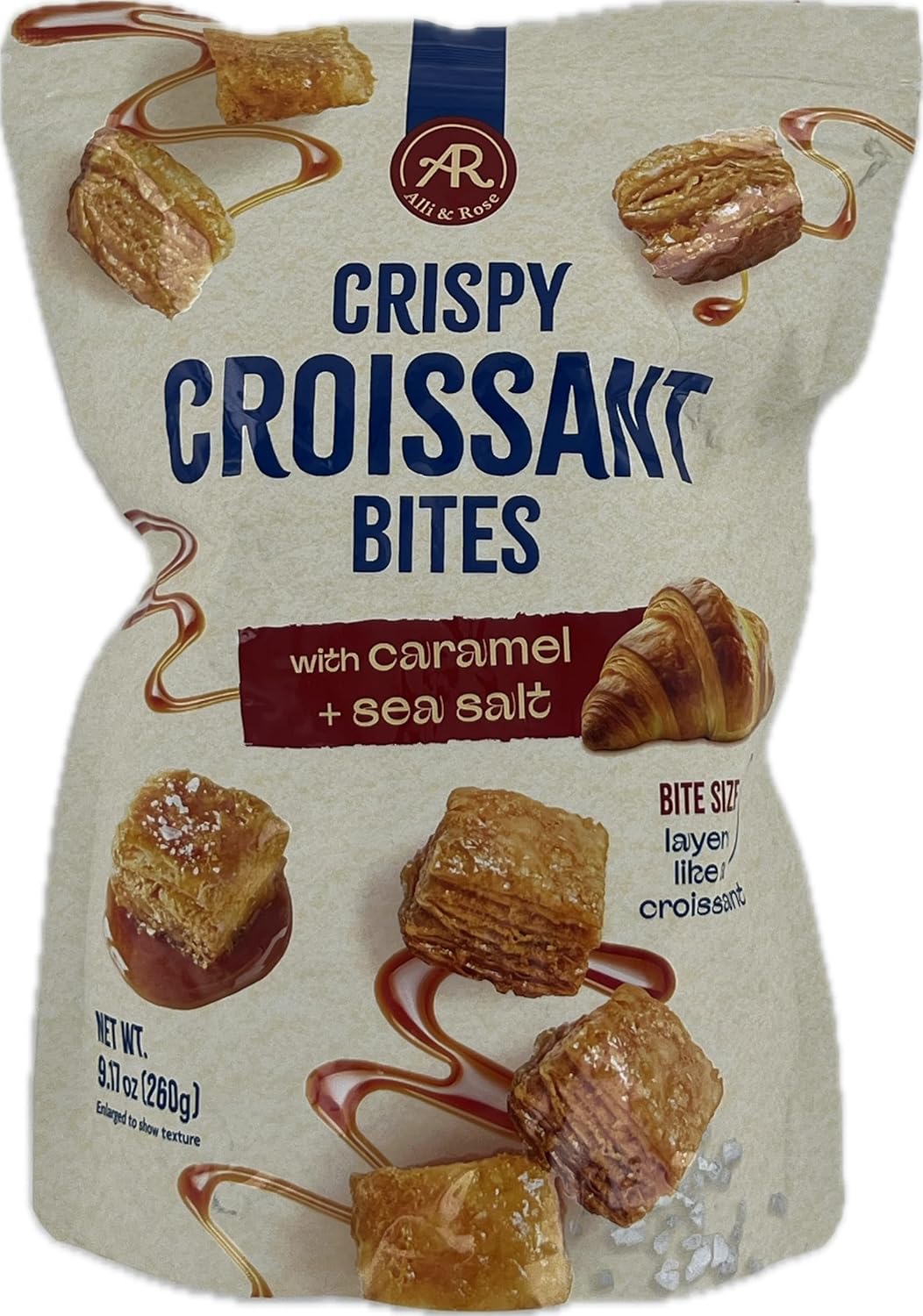 Alli & Rose Gourmet Caramel & Sea Salt Crispy Croissant Bites - Buttery, Flaky, and Crunchy Pastry Snack - 9 oz Resealable Bag